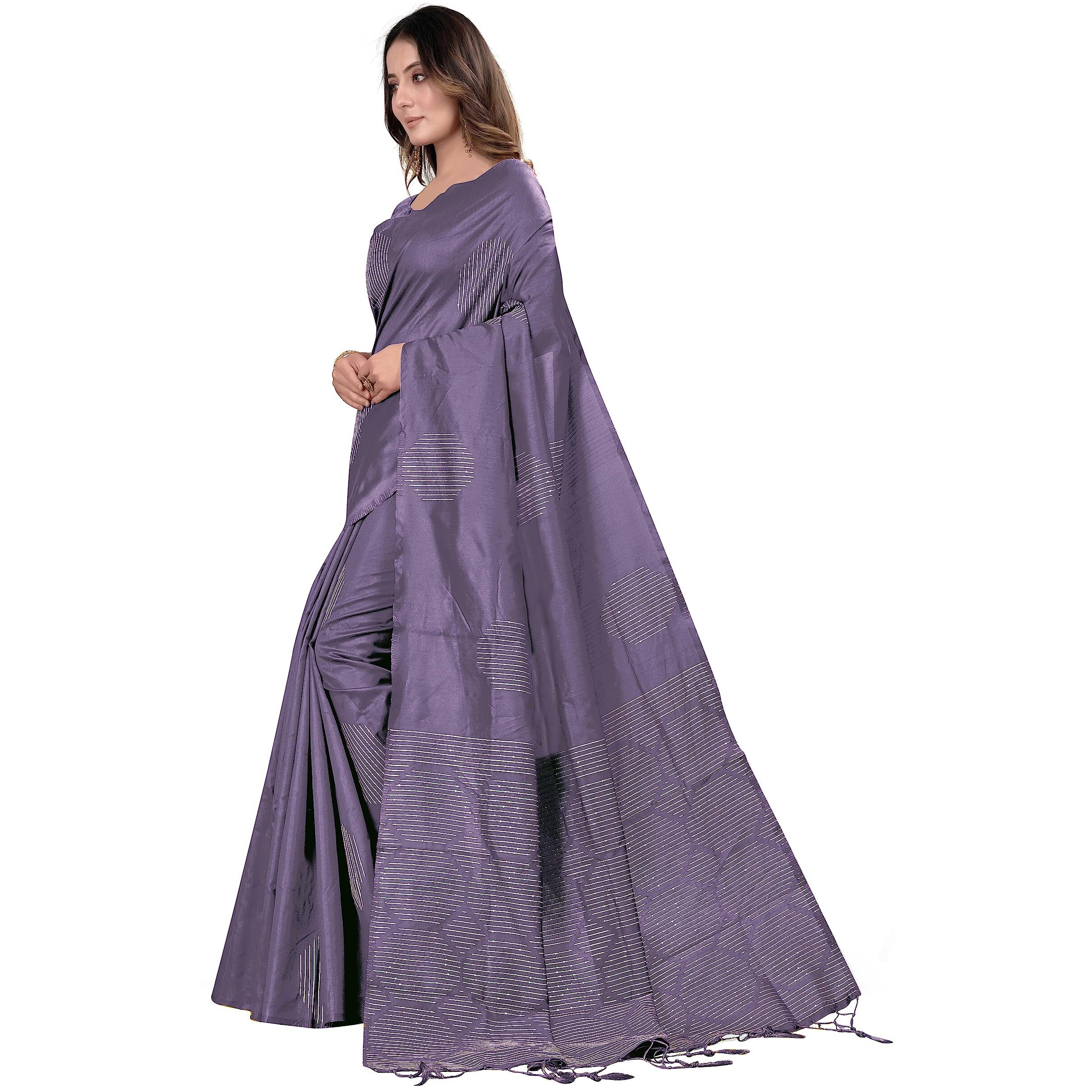 Pujia Mills Womens Beautiful Sequins Weaving With Golden And Silver Zari Banarasi Jacquard Saree (Malti African Purple)