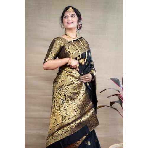 GRECIILOOKS Womens Jacquard Cotton Silk Saree (GL-S2371-BLACK)