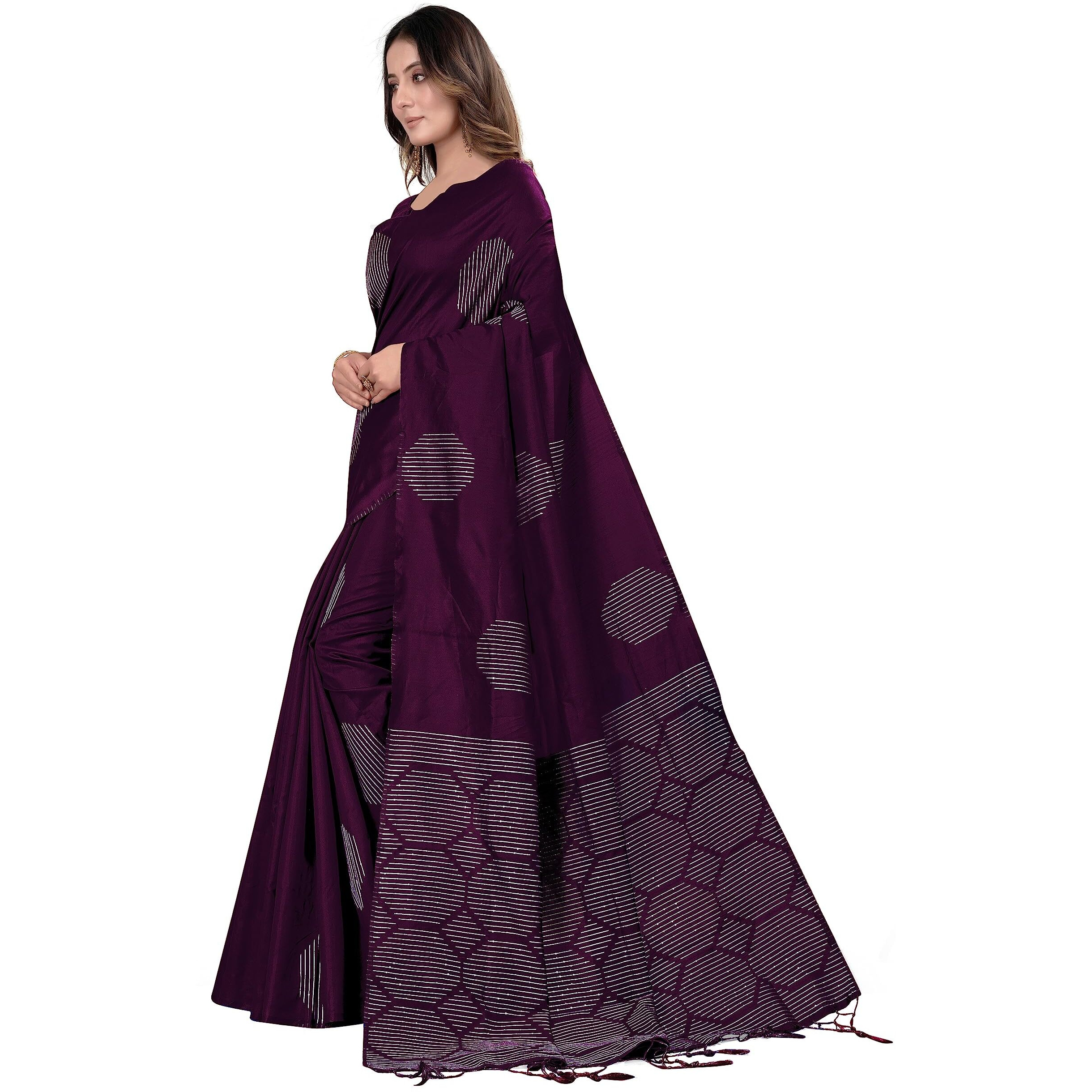 Pujia Mills Womens Beautiful Sequins Weaving With Golden And Silver Zari Banarasi Jacquard Saree (Malti Wine)
