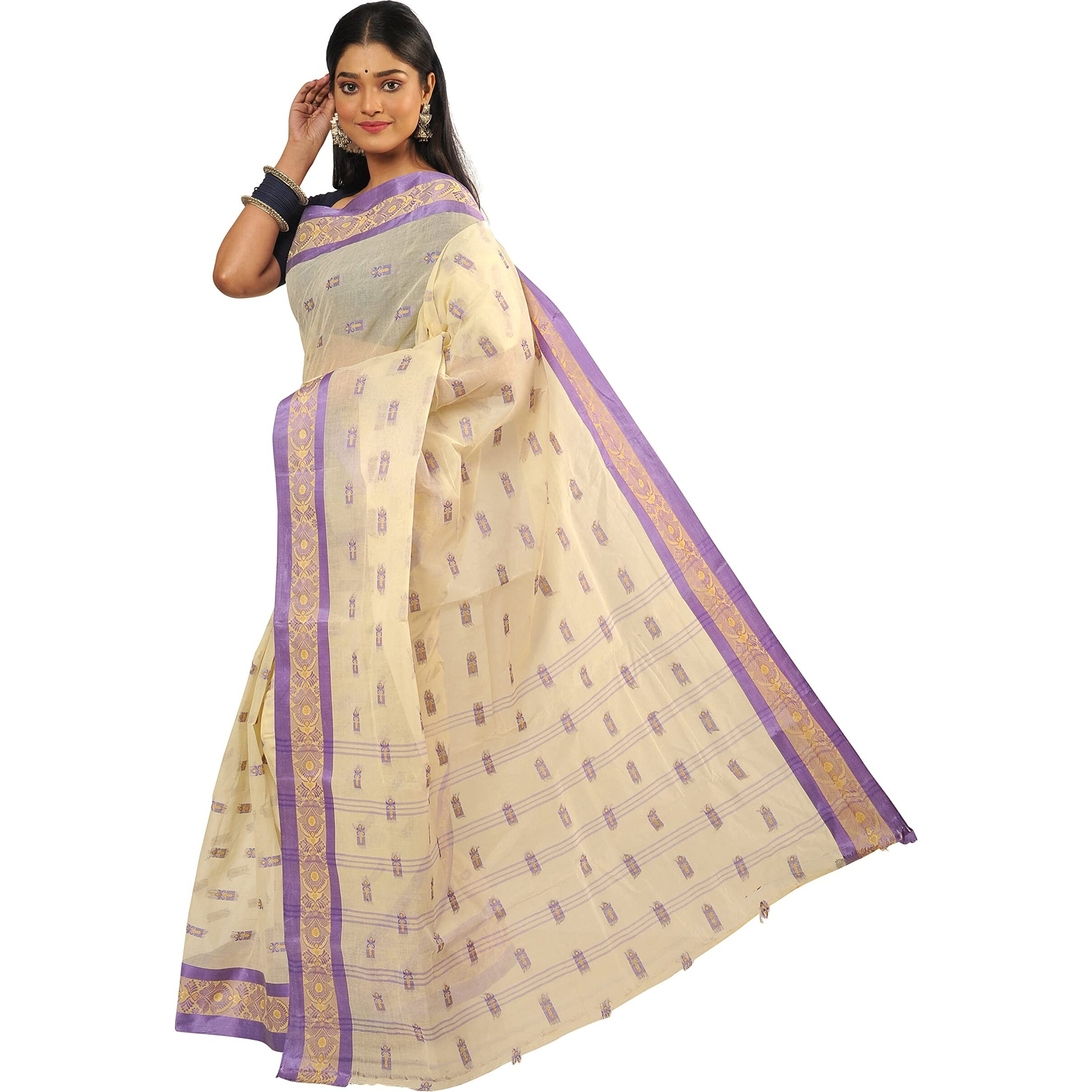 RAJ SAREE HOUSE Womens Traditional Pure Cotton Bengali Handloom Tant Saree (Without Blouse Piece)- Off White and Purple