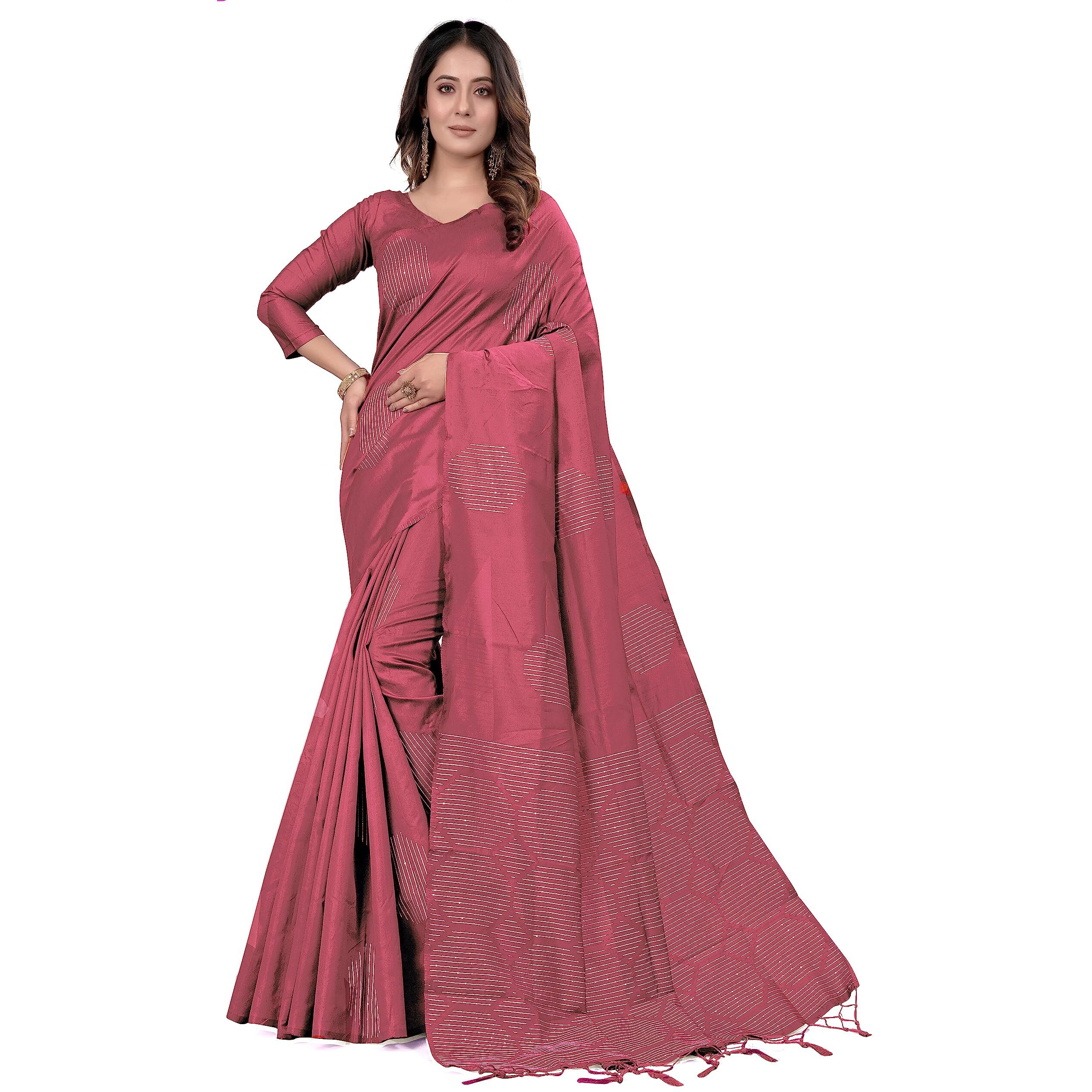 Pujia Mills Womens Beautiful Sequins Weaving With Golden And Silver Zari Banarasi Jacquard Saree (Malti Gajari)