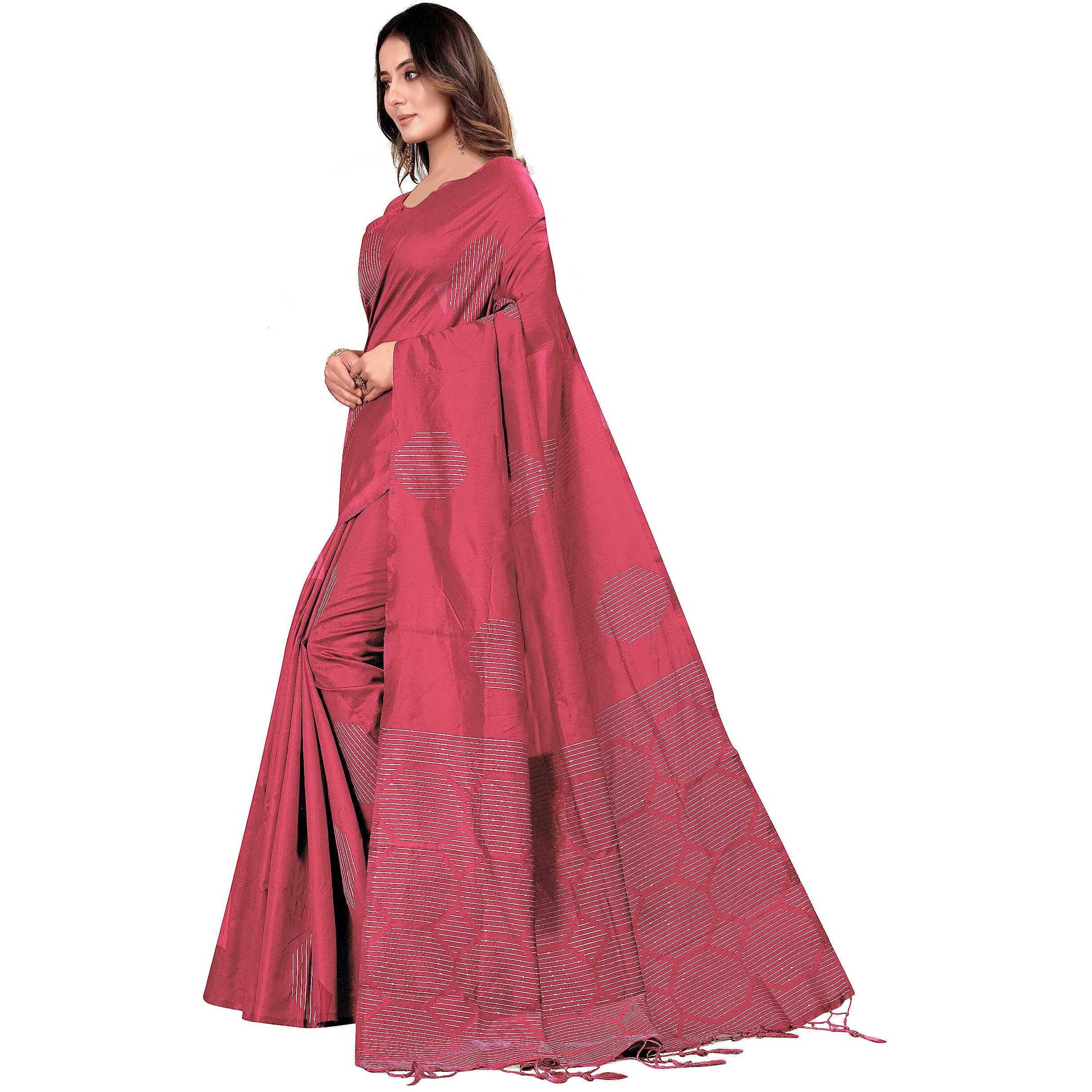 Pujia Mills Womens Beautiful Sequins Weaving With Golden And Silver Zari Banarasi Jacquard Saree (Malti Gajari)