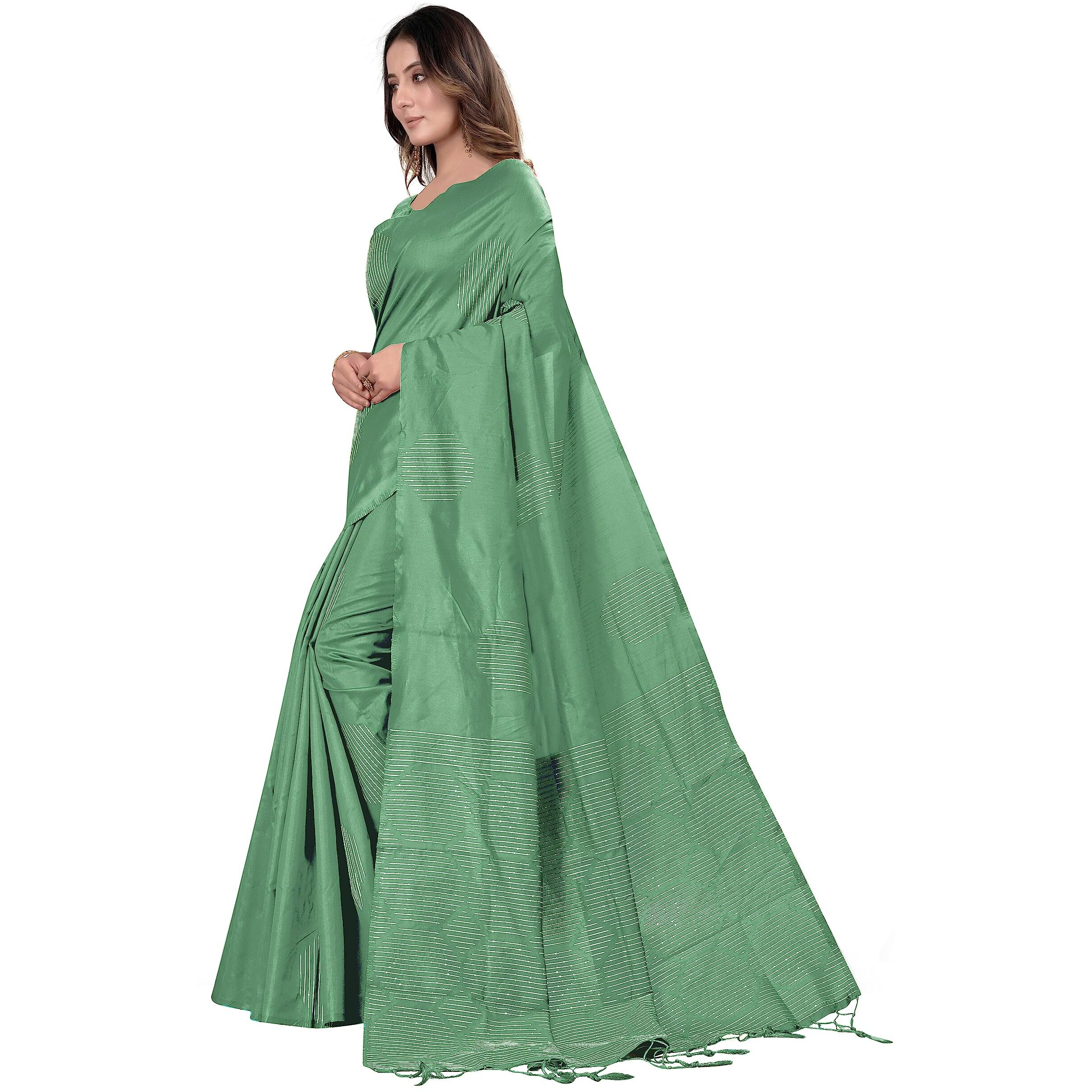 Pujia Mills Womens Beautiful Sequins Weaving With Golden And Silver Zari Banarasi Jacquard Saree (Malti Pista)