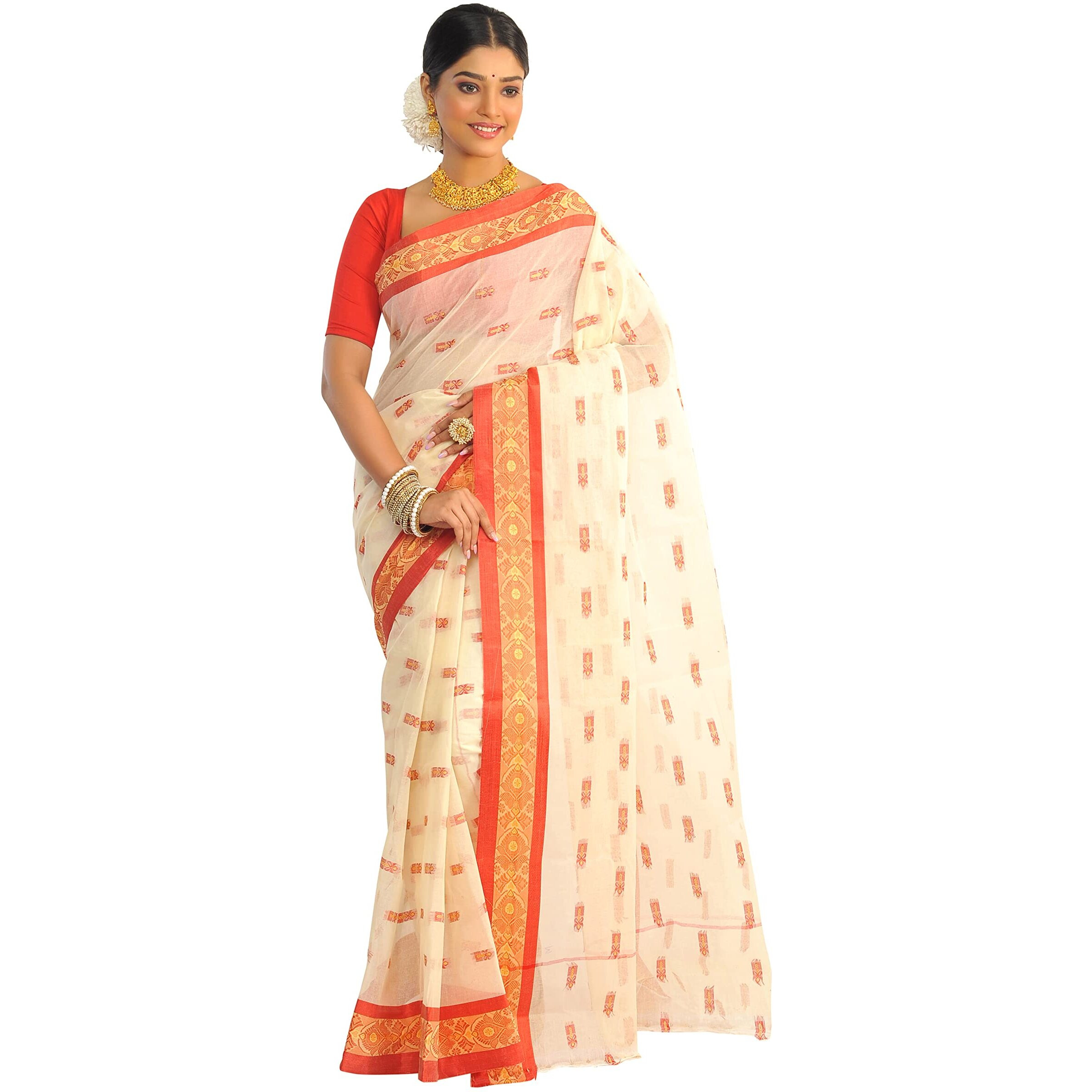 RAJ SAREE HOUSE Womens Traditional Pure Cotton Bengali Handloom Tant Saree (Without Blouse Piece) - Off White and Red