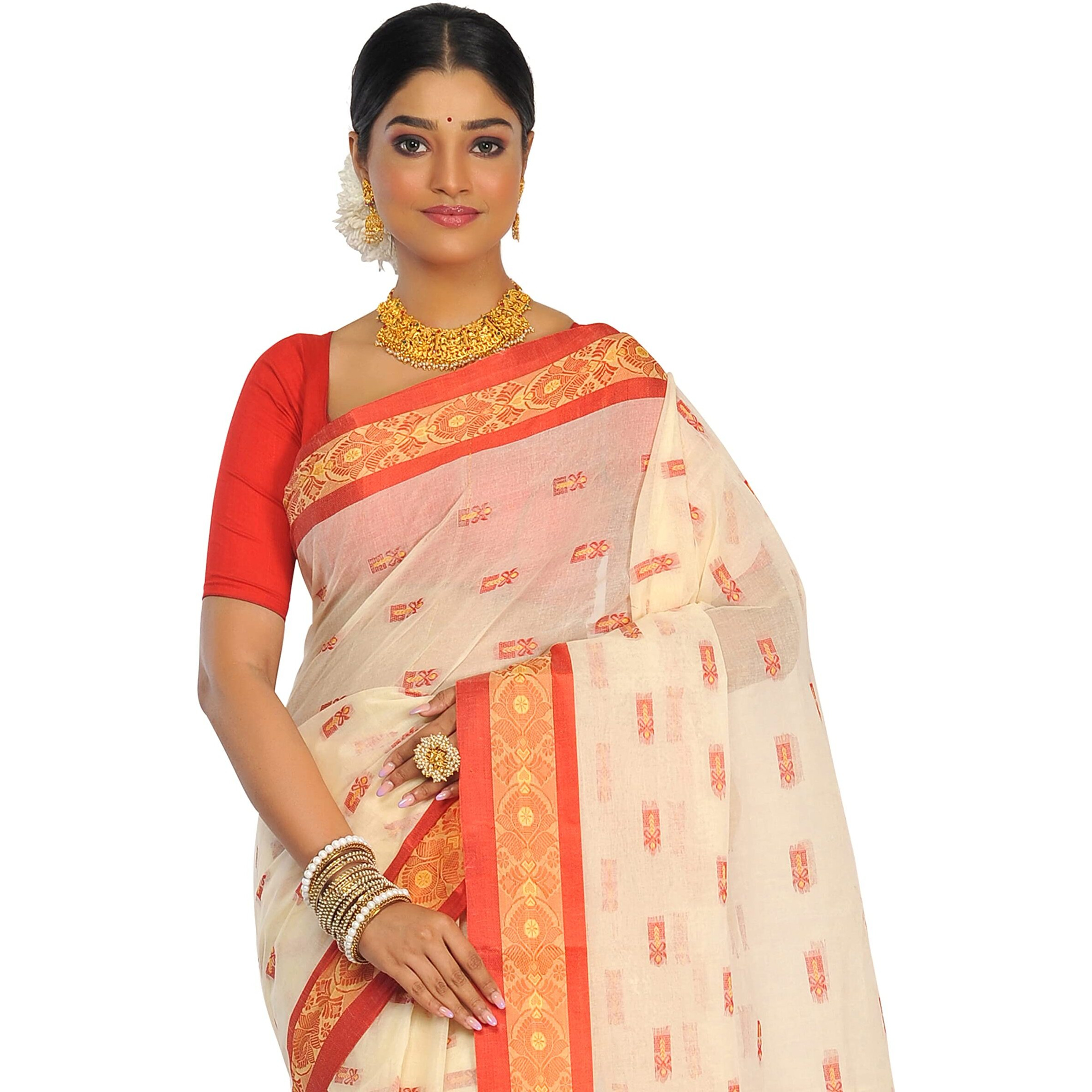 RAJ SAREE HOUSE Womens Traditional Pure Cotton Bengali Handloom Tant Saree (Without Blouse Piece) - Off White and Red