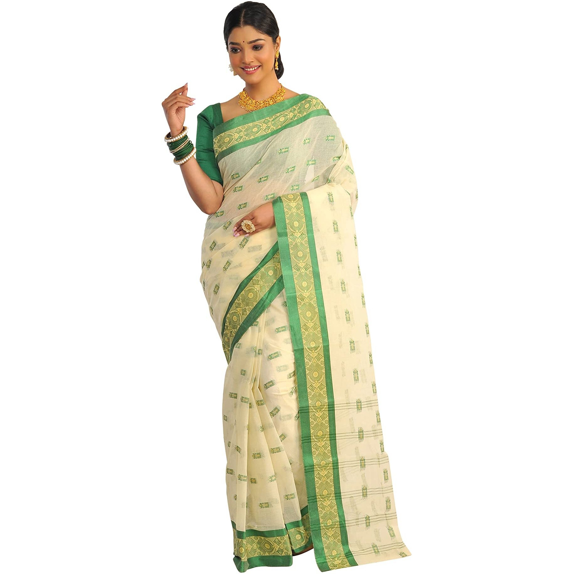RAJ SAREE HOUSE Womens Traditional Pure Cotton Bengali Handloom Tant Saree (Without Blouse Piece)- Off White and Green