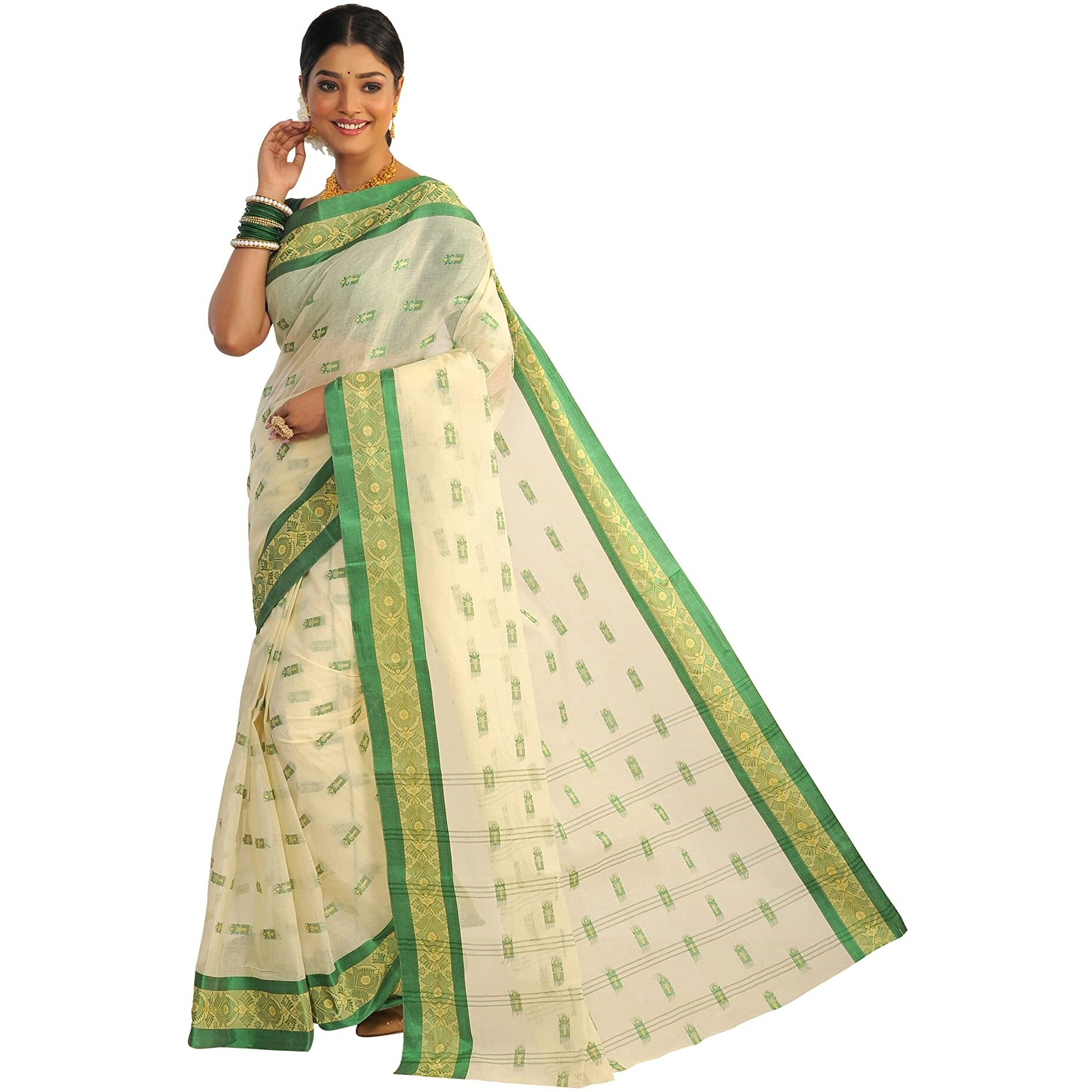 RAJ SAREE HOUSE Womens Traditional Pure Cotton Bengali Handloom Tant Saree (Without Blouse Piece)- Off White and Green
