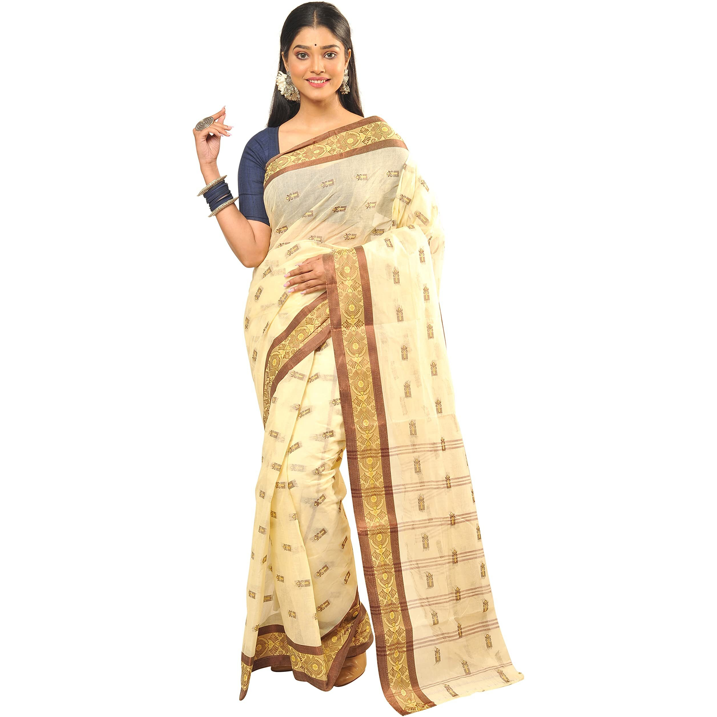 RAJ SAREE HOUSE Womens Traditional Pure Cotton Bengali Handloom Tant Saree (Without Blouse Piece)- Off White and Tamak