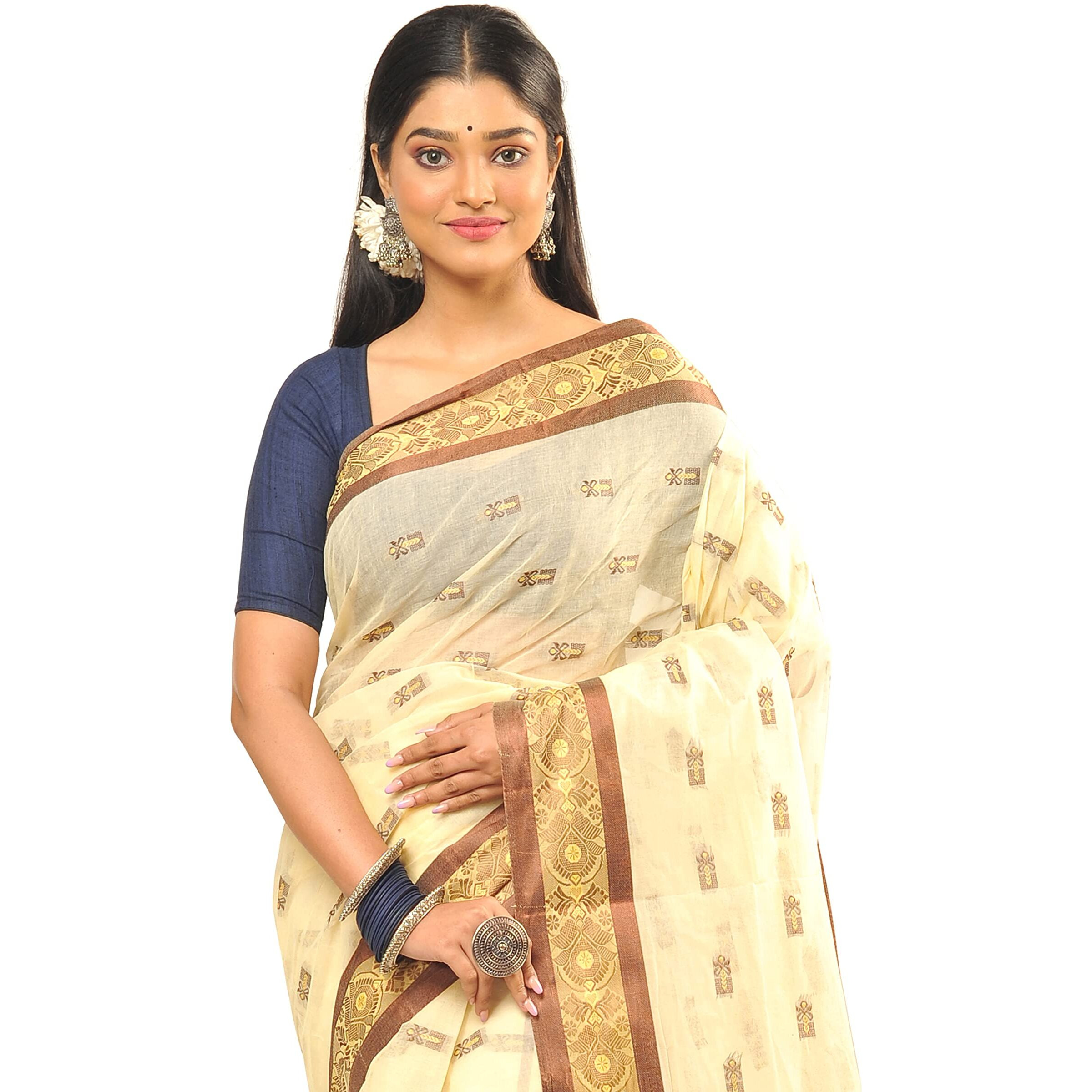 RAJ SAREE HOUSE Womens Traditional Pure Cotton Bengali Handloom Tant Saree (Without Blouse Piece)- Off White and Tamak