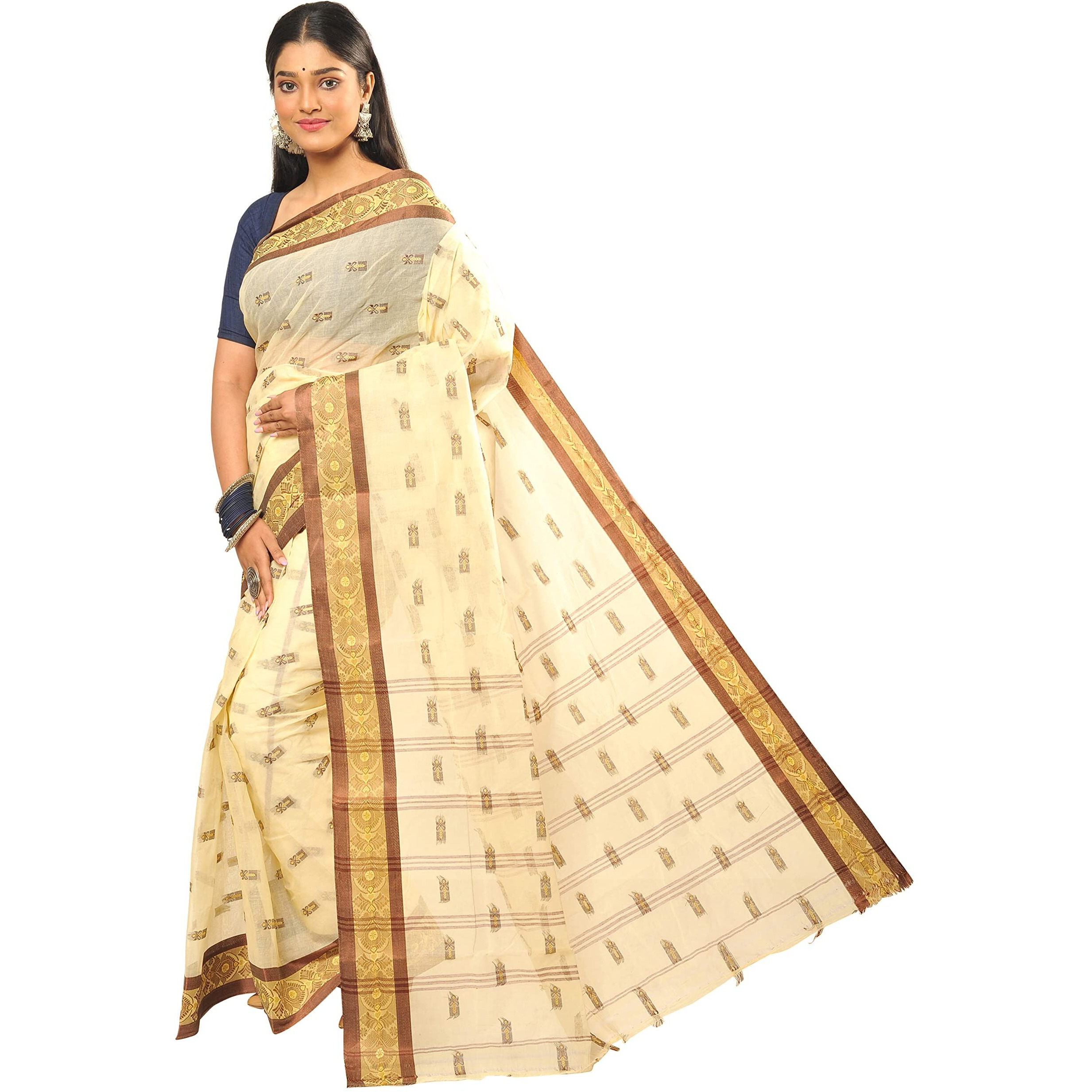 RAJ SAREE HOUSE Womens Traditional Pure Cotton Bengali Handloom Tant Saree (Without Blouse Piece)- Off White and Tamak