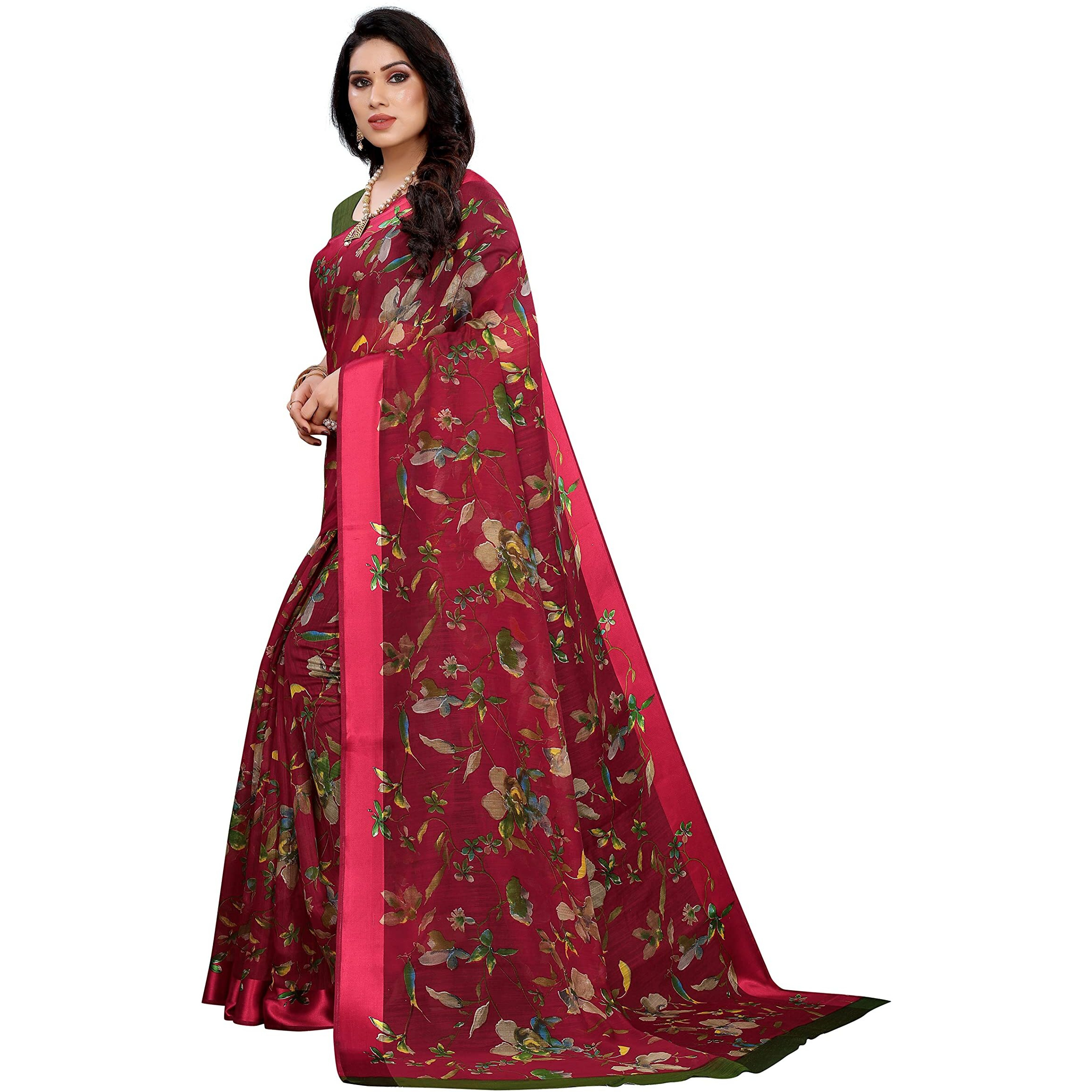 Yashika Womens Jacquard Linen Saree (MANSI RED
