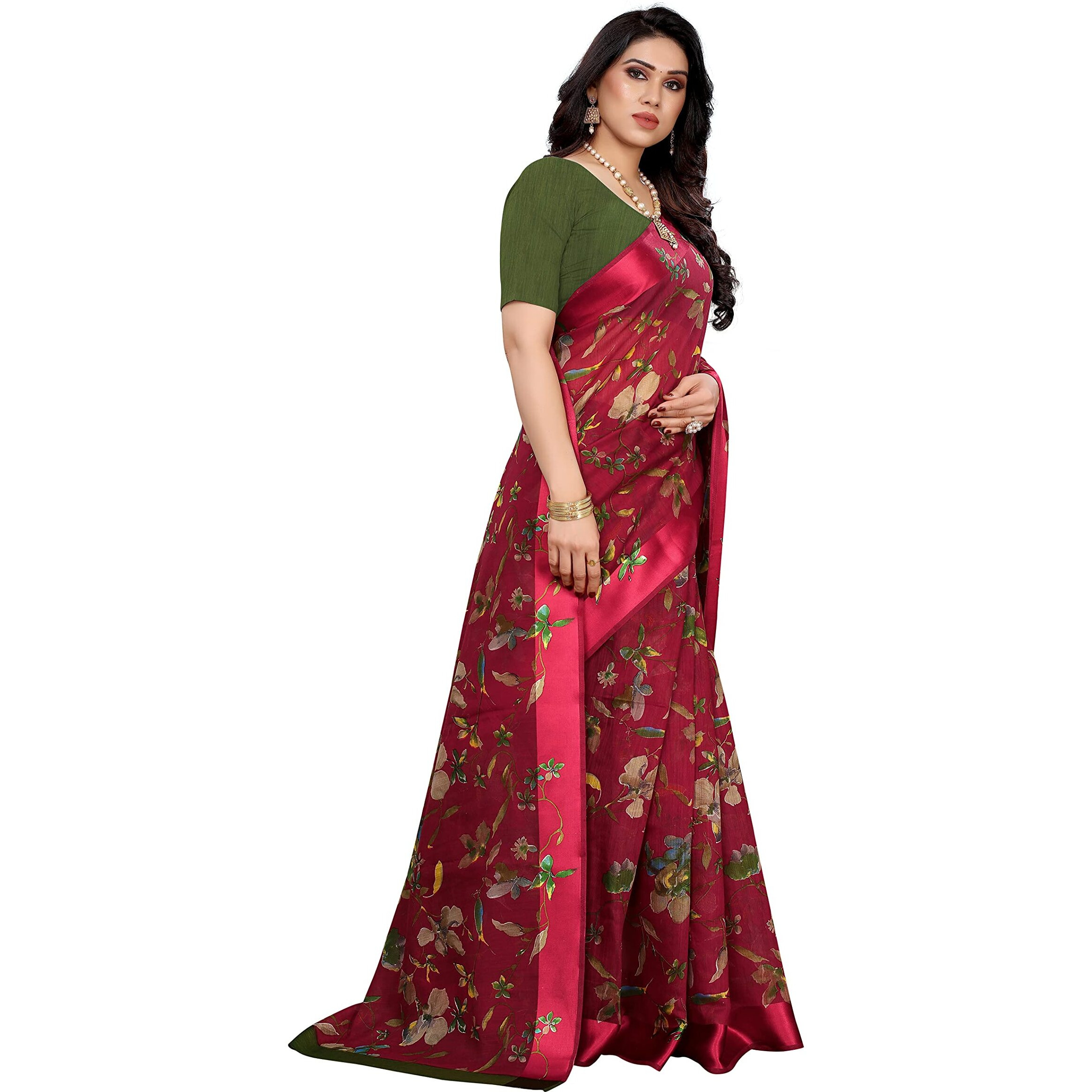 Yashika Womens Jacquard Linen Saree (MANSI RED