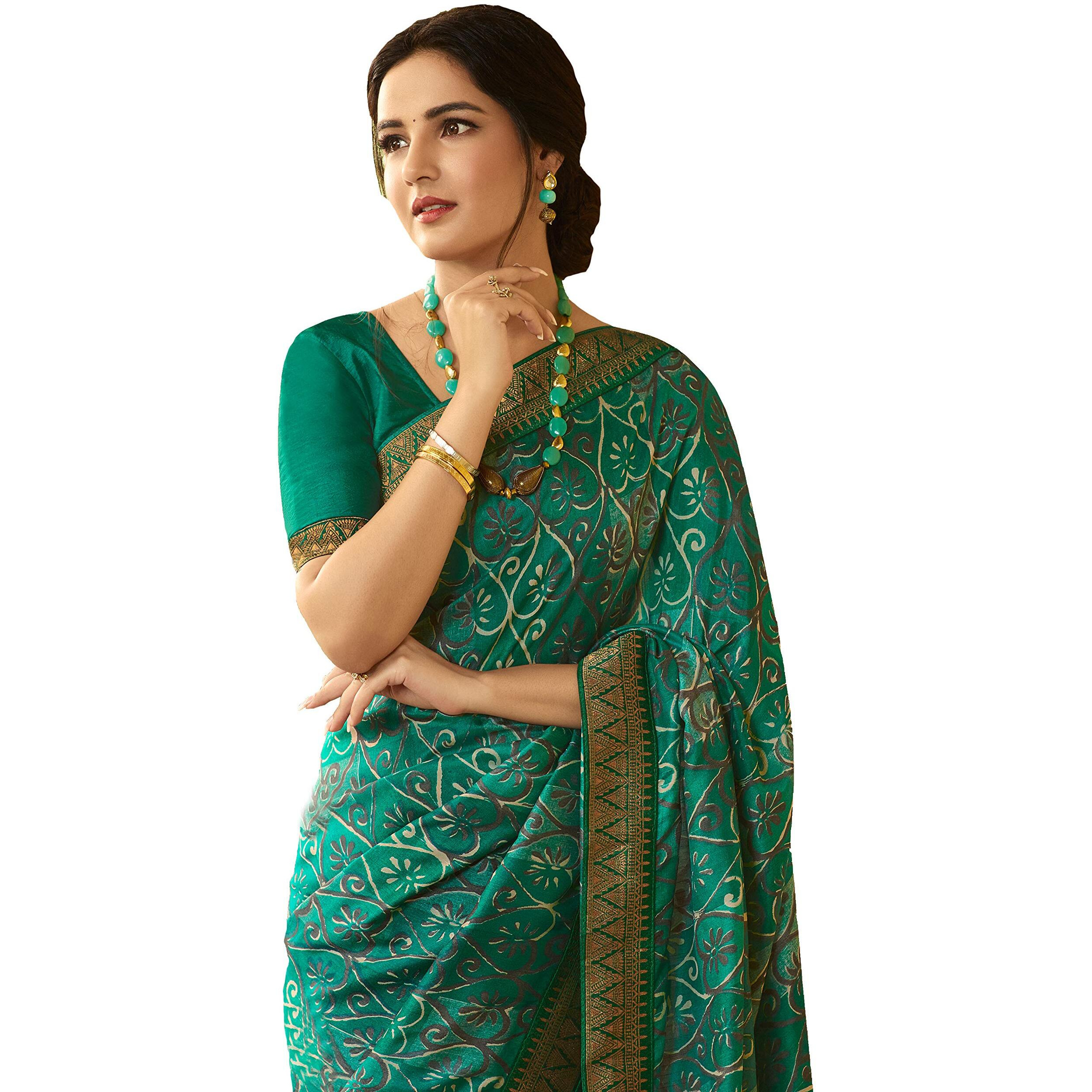 Shruhad  Womens Kanjivaram Silk Printed Saree in Blue Color with Jacquard Lace Border & Blouse Piece (Saree Length 6.3 Mtr) (RAMA)