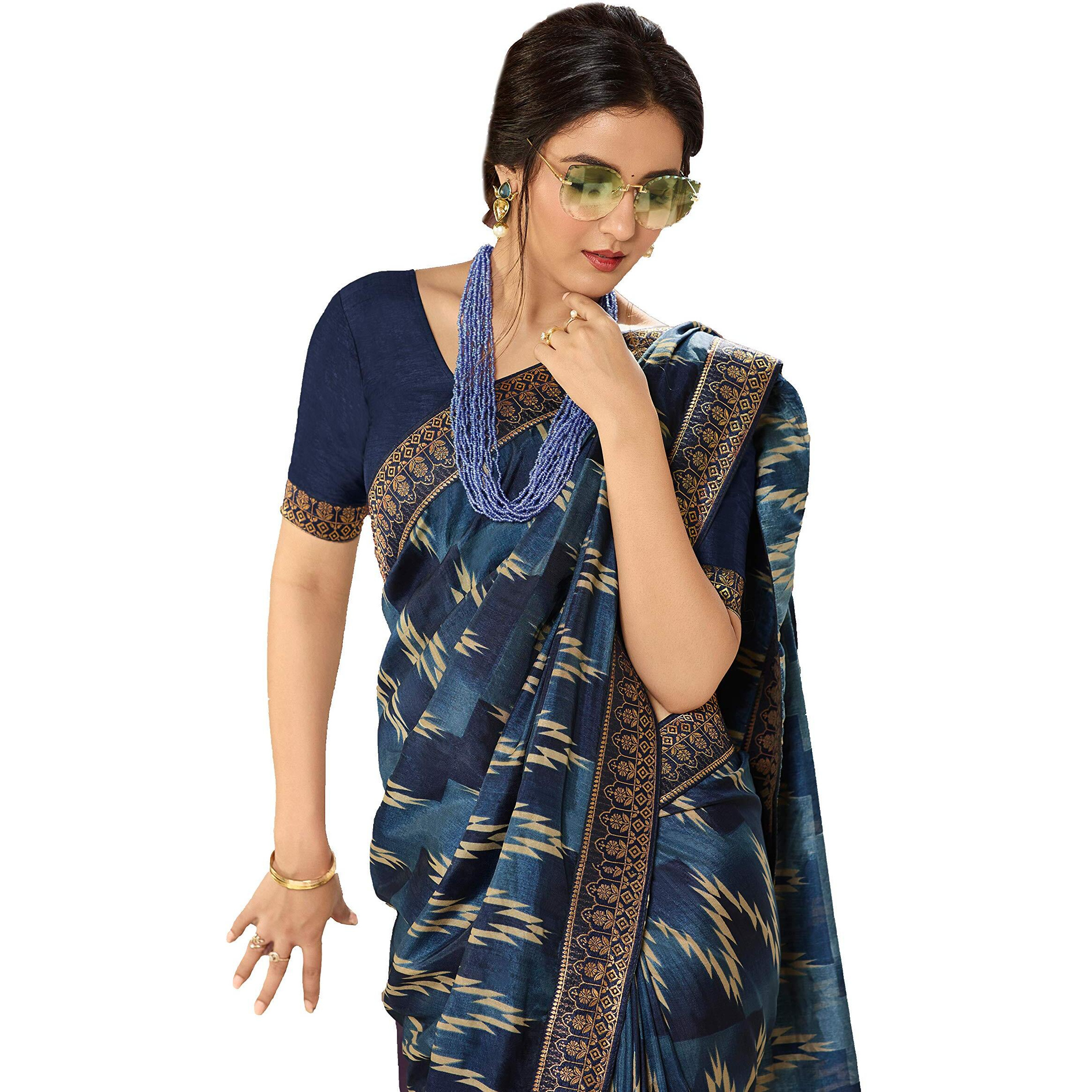 Shruhad  Womens Kanjivaram Silk Printed Saree in Blue Color with Jacquard Lace Border & Blouse Piece (Saree Length 6.3 Mtr) (BLUE)