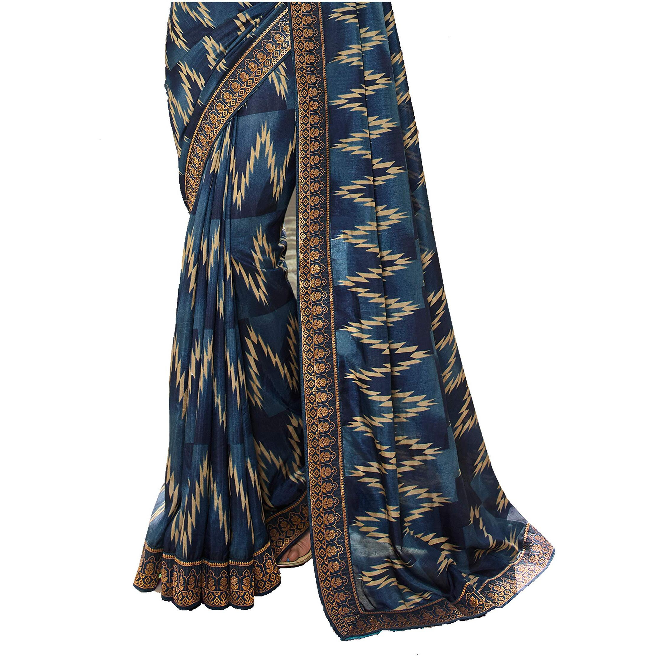 Shruhad  Womens Kanjivaram Silk Printed Saree in Blue Color with Jacquard Lace Border & Blouse Piece (Saree Length 6.3 Mtr) (BLUE)