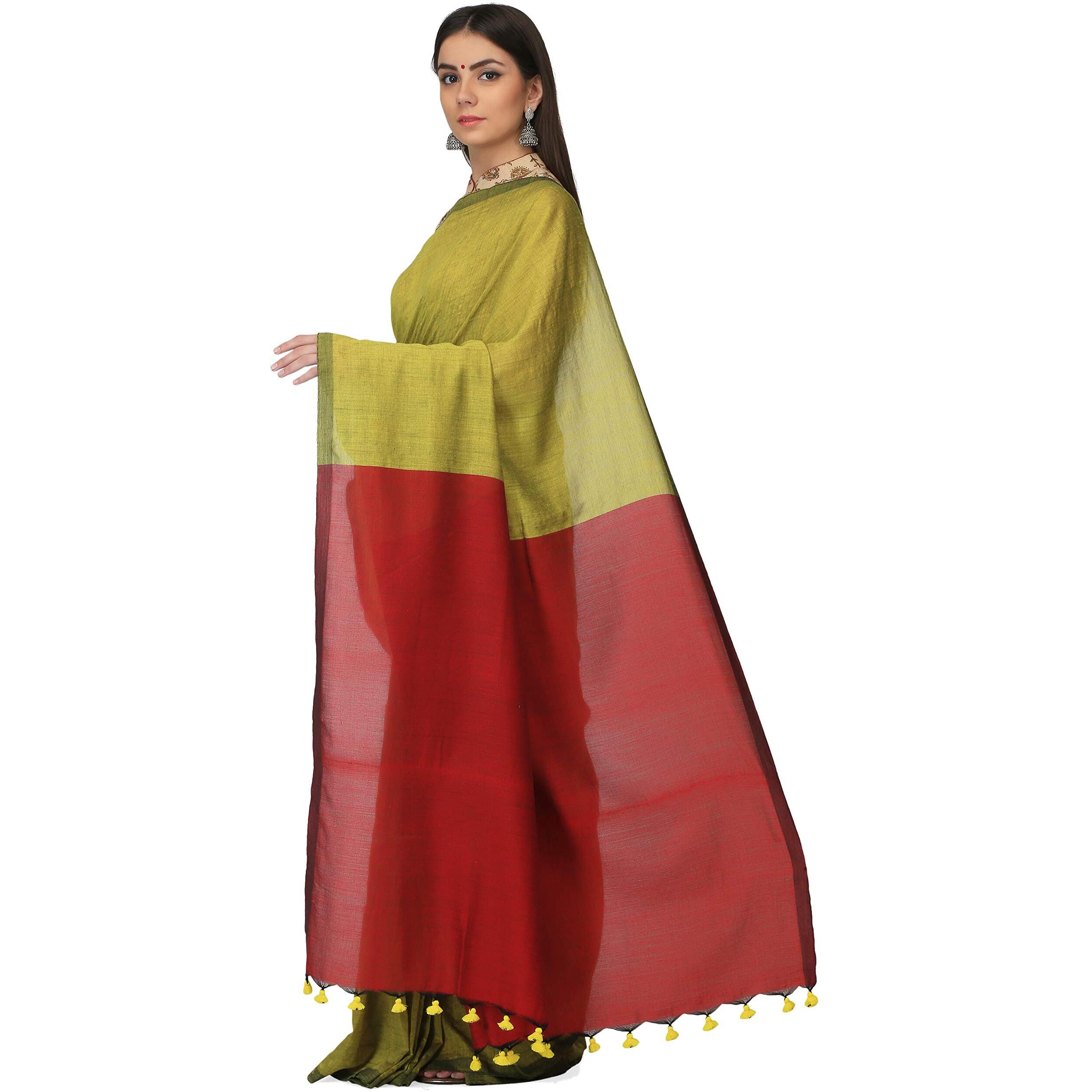 THE WEAVE TRAVELLER Handloom Hand Woven Maroon Cotton Saree With Attached Blouse(TWT_C_KHAKHIGRN_35, Khakhi Green)