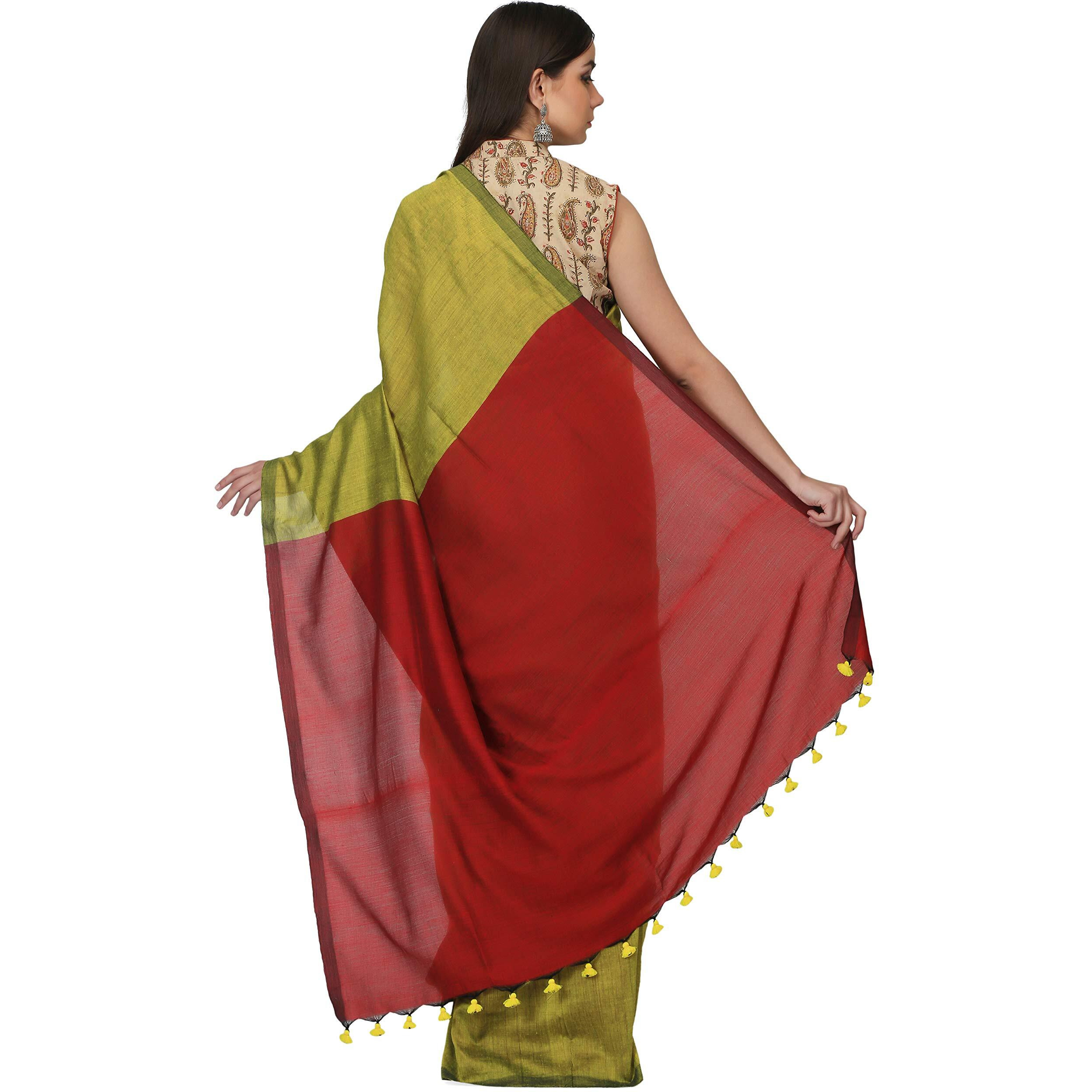 THE WEAVE TRAVELLER Handloom Hand Woven Maroon Cotton Saree With Attached Blouse(TWT_C_KHAKHIGRN_35, Khakhi Green)
