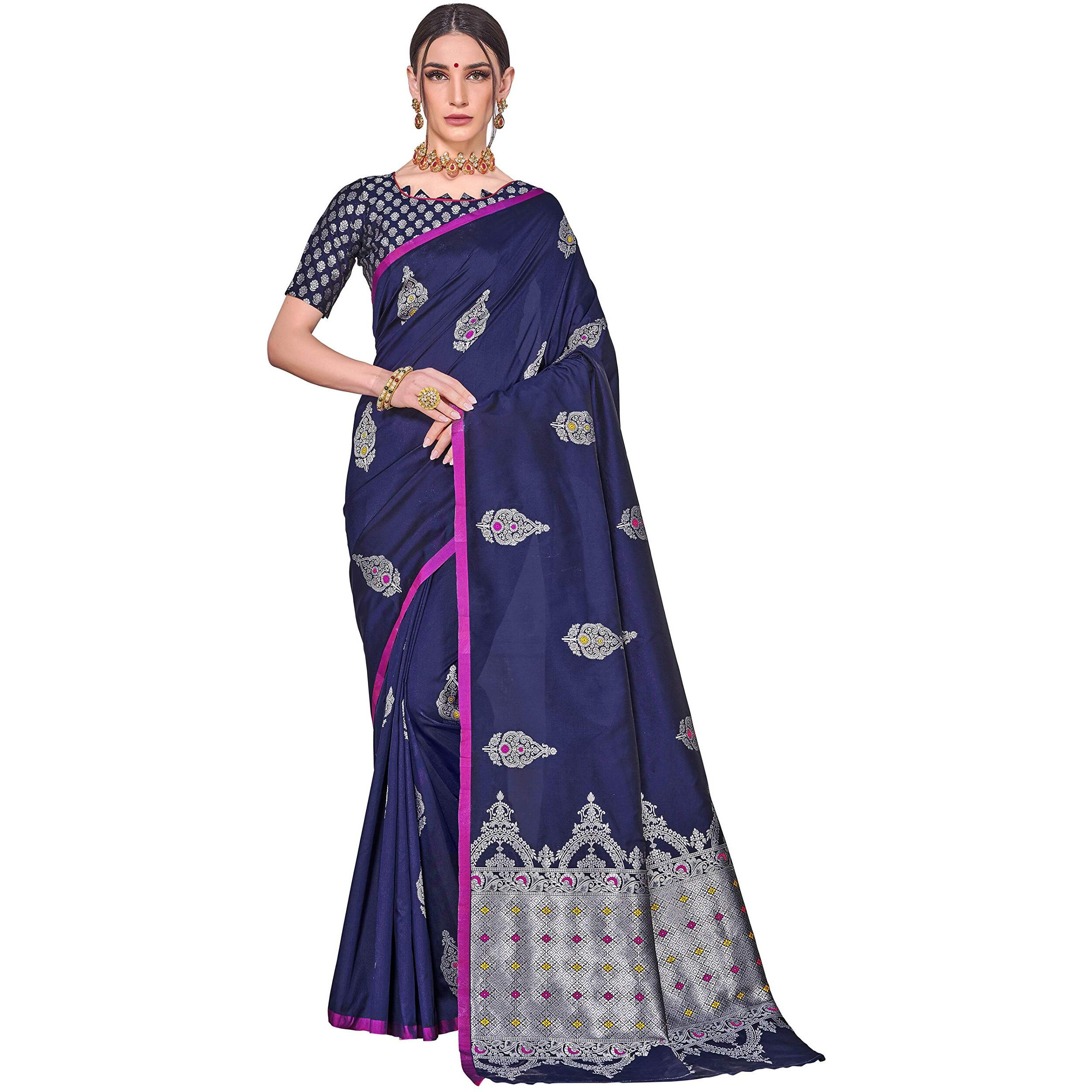 Glory Sarees Womens Banarasi Silk Saree With Blouse Piece (Kara139_Navy)