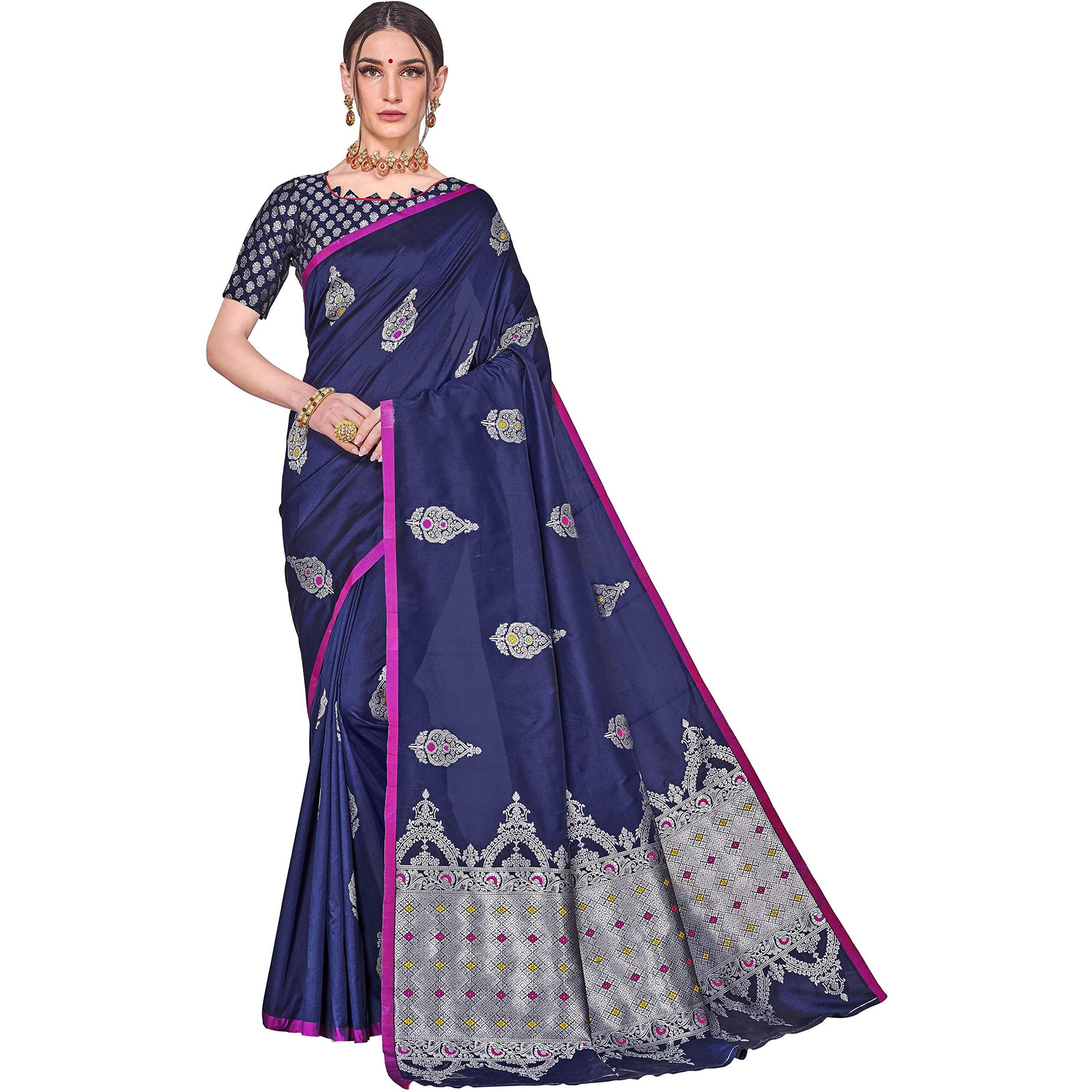 Glory Sarees Womens Banarasi Silk Saree With Blouse Piece (Kara139_Navy)
