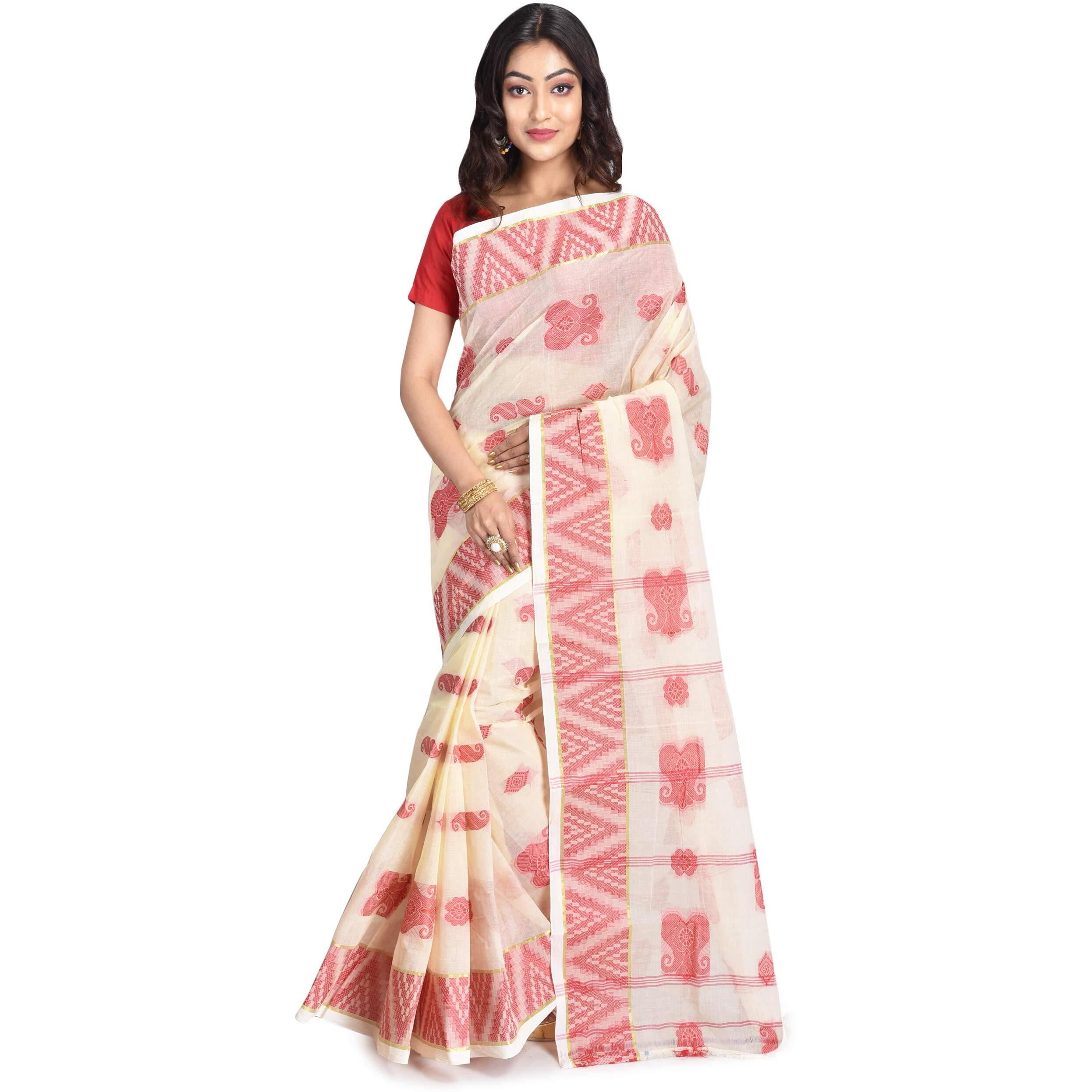 RAJ SAREE HOUSE Womens Tant Woven Cotton Saree Without Blouse Piece (Multicolor)