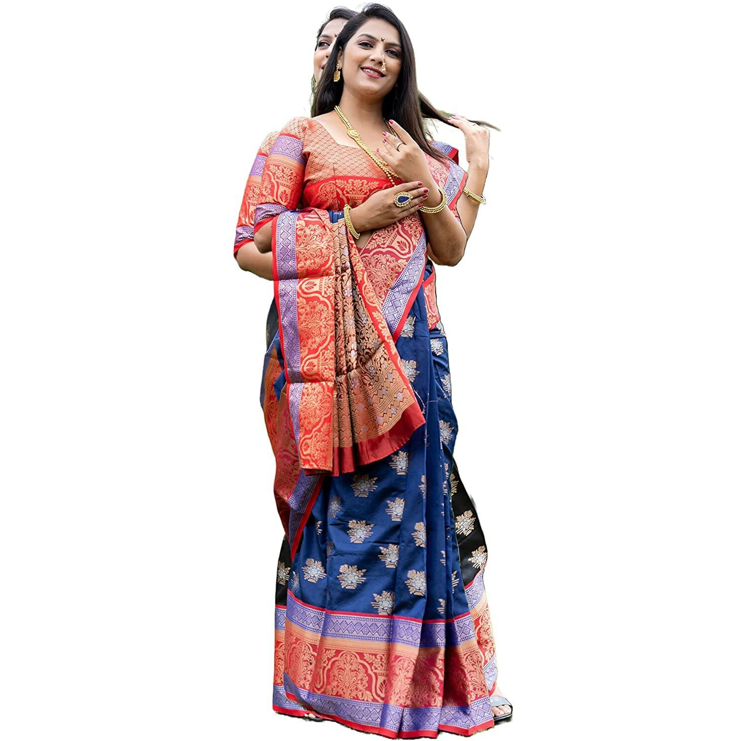 SGF11 Womens Traditional Wedding Collection Kanjivaram Pure Soft Silk Handloom Saree Pure Golden Zari With Blouse Piece (Dark Blue)