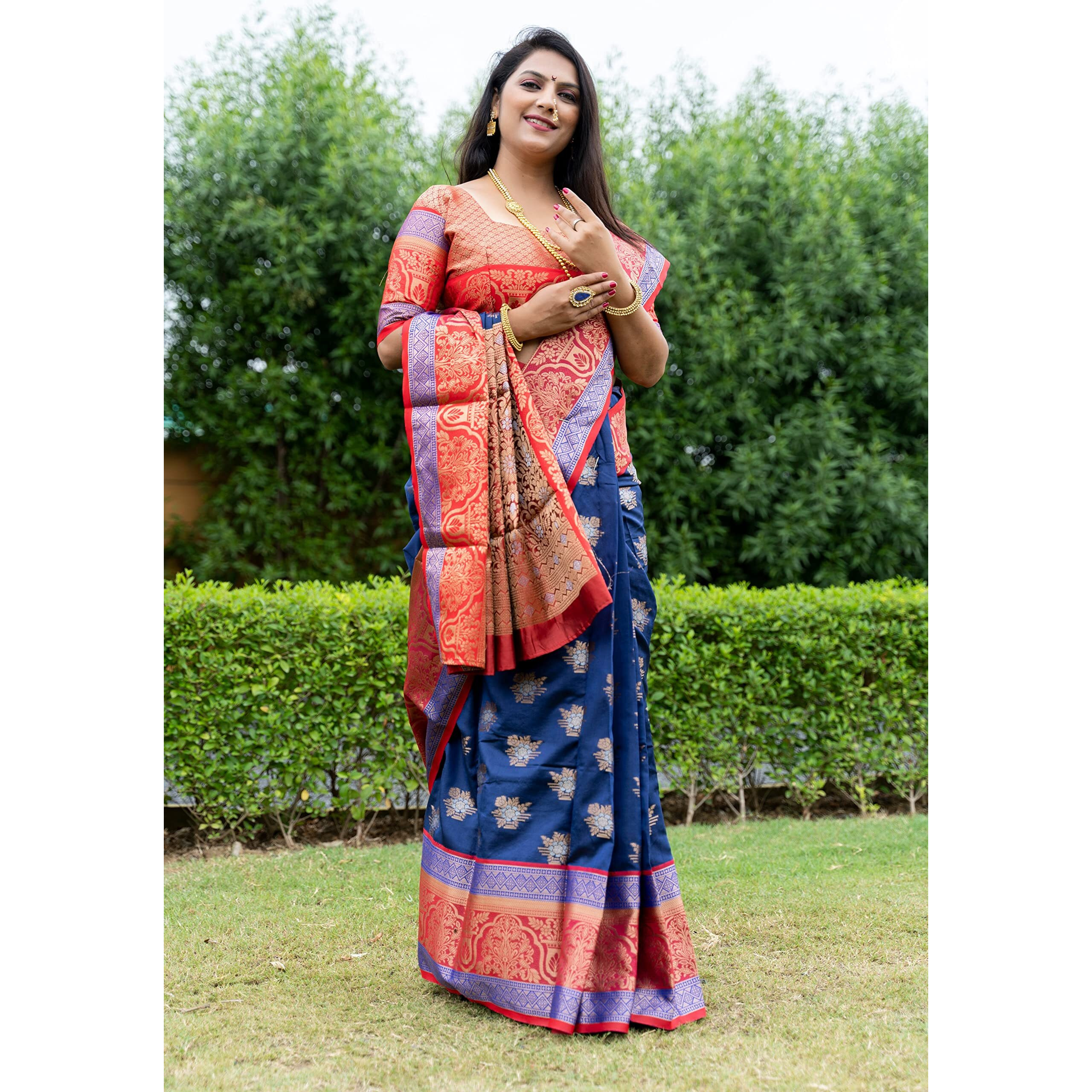 SGF11 Womens Traditional Wedding Collection Kanjivaram Pure Soft Silk Handloom Saree Pure Golden Zari With Blouse Piece (Dark Blue)