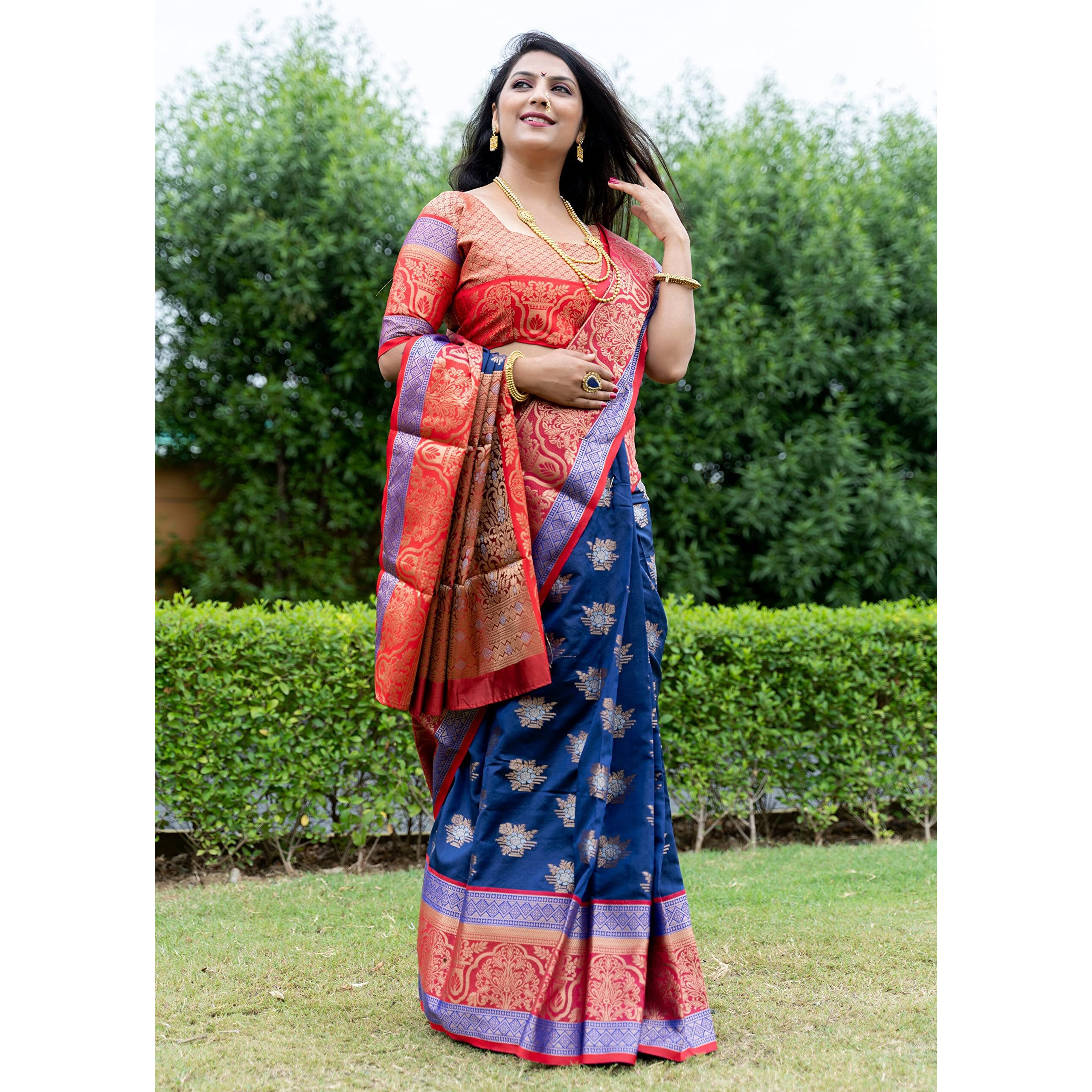 SGF11 Womens Traditional Wedding Collection Kanjivaram Pure Soft Silk Handloom Saree Pure Golden Zari With Blouse Piece (Dark Blue)