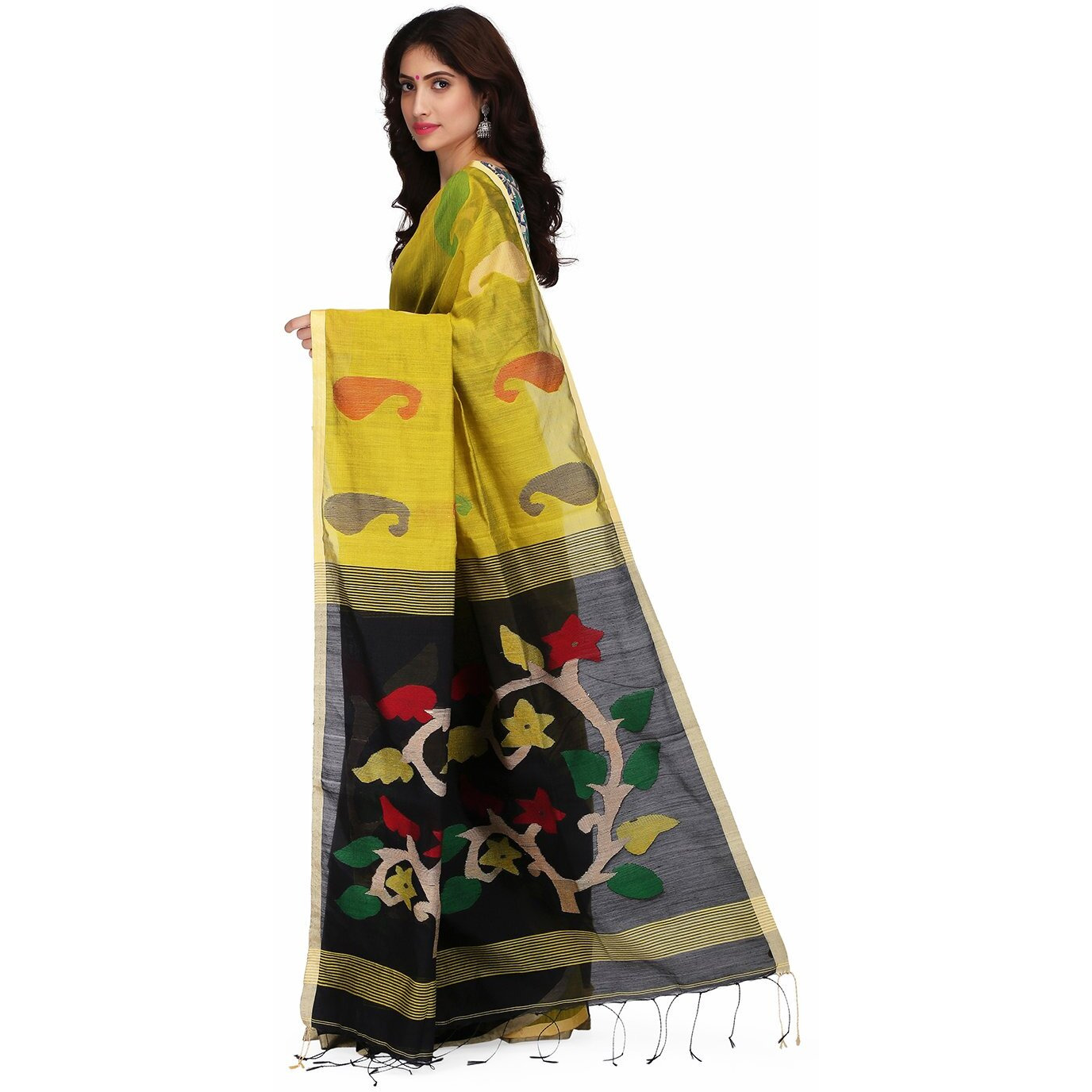 THE WEAVE TRAVELLER Handloom Hand Woven Half & Half Cotton Silk Jamdani Saree For Women With Attached Blouse