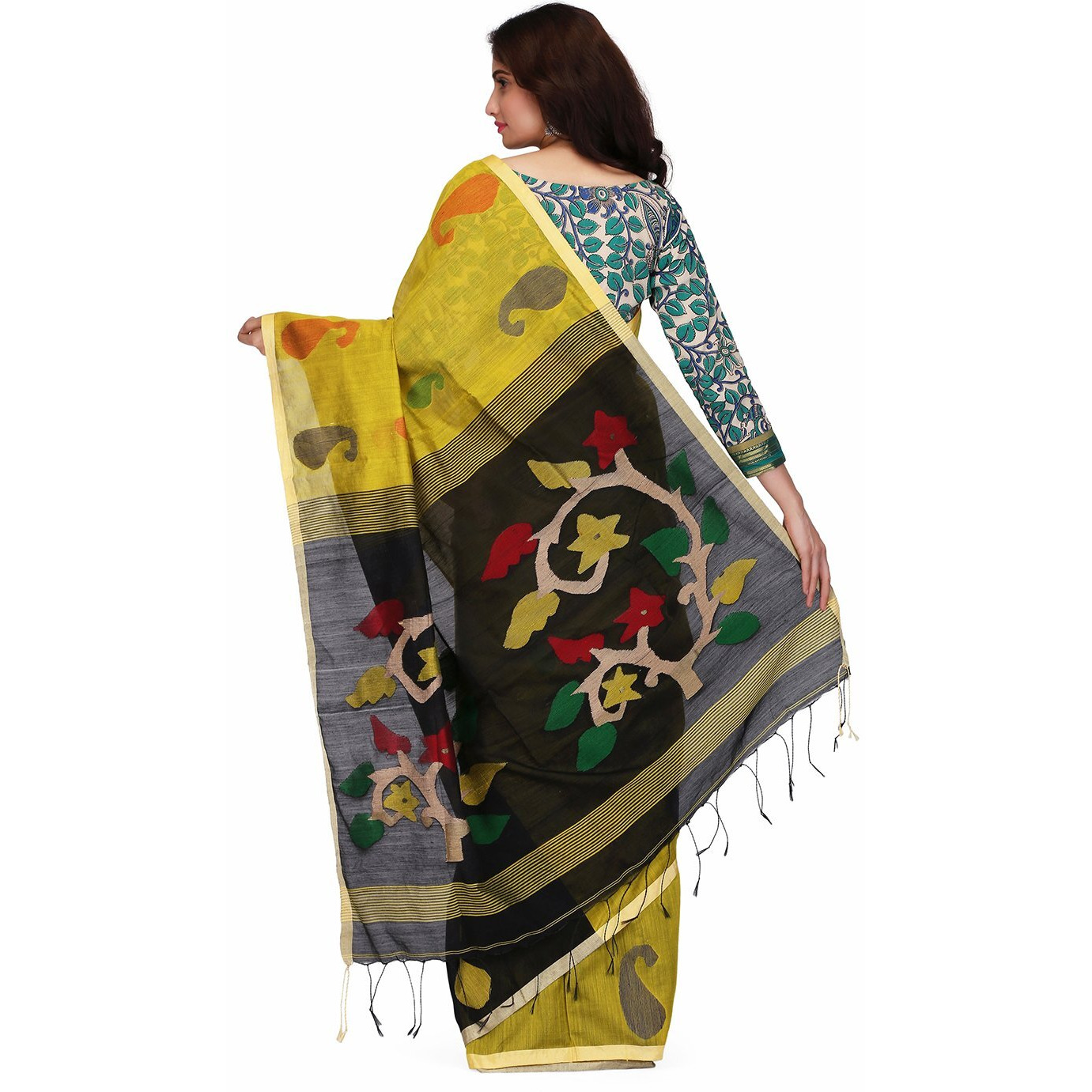 THE WEAVE TRAVELLER Handloom Hand Woven Half & Half Cotton Silk Jamdani Saree For Women With Attached Blouse