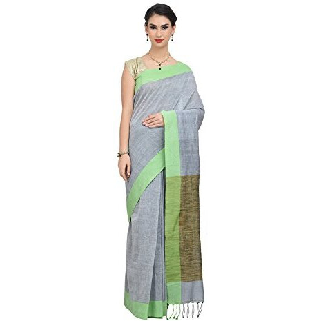 THE WEAVE TRAVELLER Handloom Khadi With Ghicha Pallu Saree With Blouse(Silver)