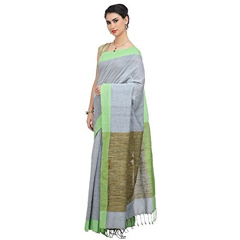 THE WEAVE TRAVELLER Handloom Khadi With Ghicha Pallu Saree With Blouse(Silver)