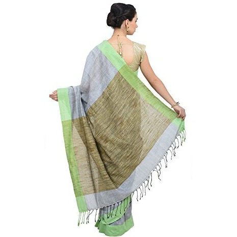THE WEAVE TRAVELLER Handloom Khadi With Ghicha Pallu Saree With Blouse(Silver)