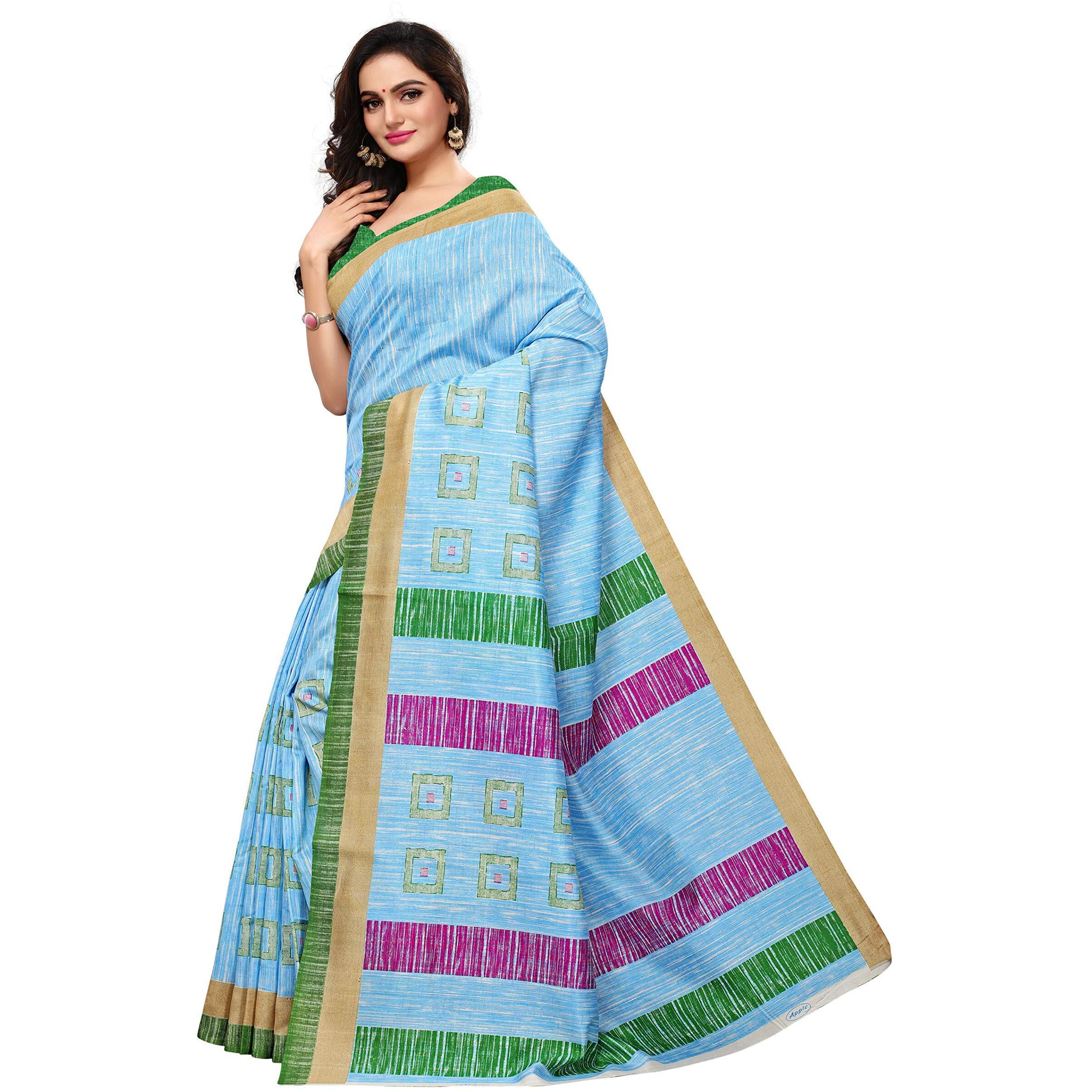 AKHILAM Womens Bhagalpuri Silk Saree With Blouse Piece (Sky Blue_ APHBUSP11909B_Freesize)