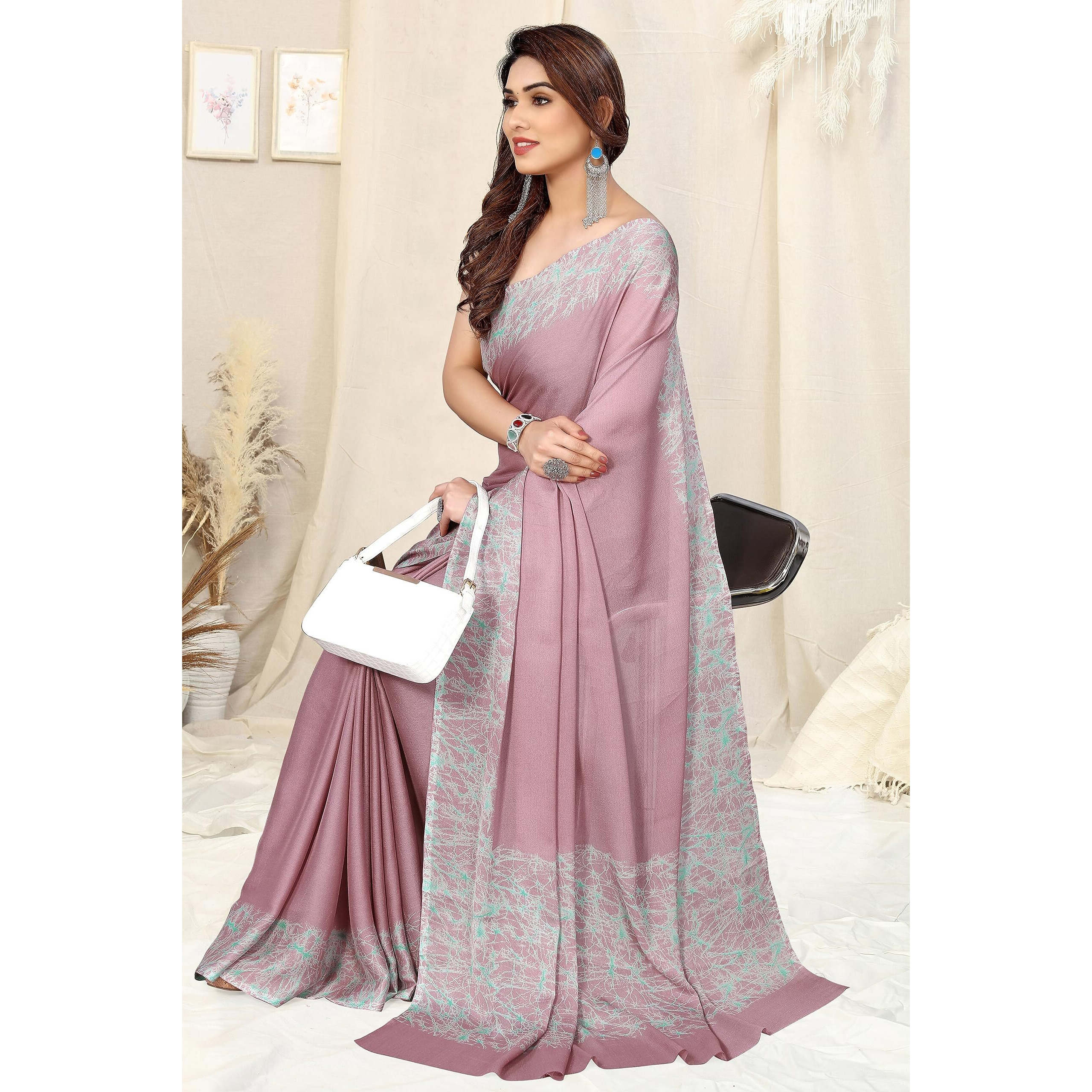 MIRCHI FASHION Womens Plain Weave Chiffon Abstrect Printed Saree with Blouse Piece (Dusty Pink, Teal)