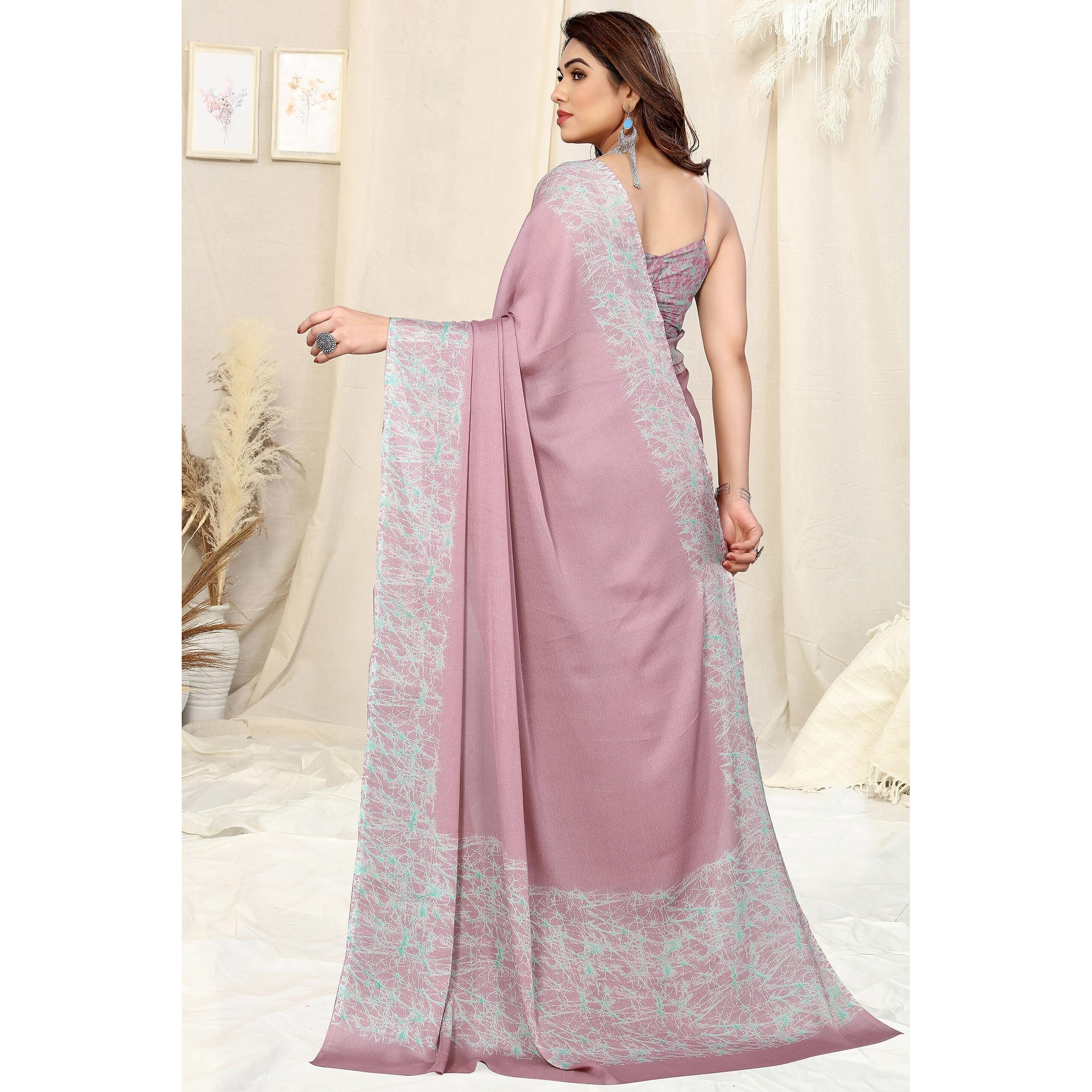 MIRCHI FASHION Womens Plain Weave Chiffon Abstrect Printed Saree with Blouse Piece (Dusty Pink, Teal)