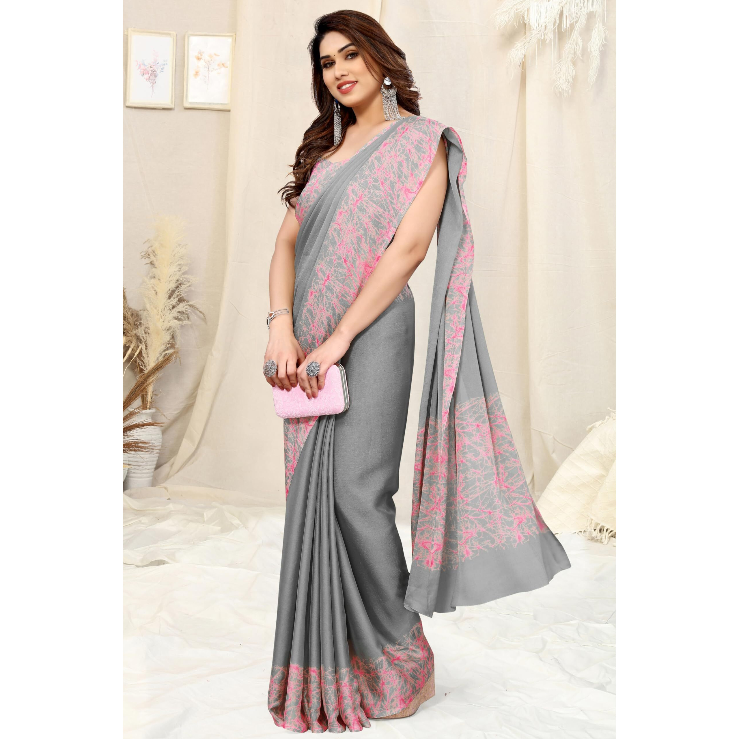 MIRCHI FASHION Womens Chiffon Abstract Printed Saree with Blouse Piece (40824-Grey)