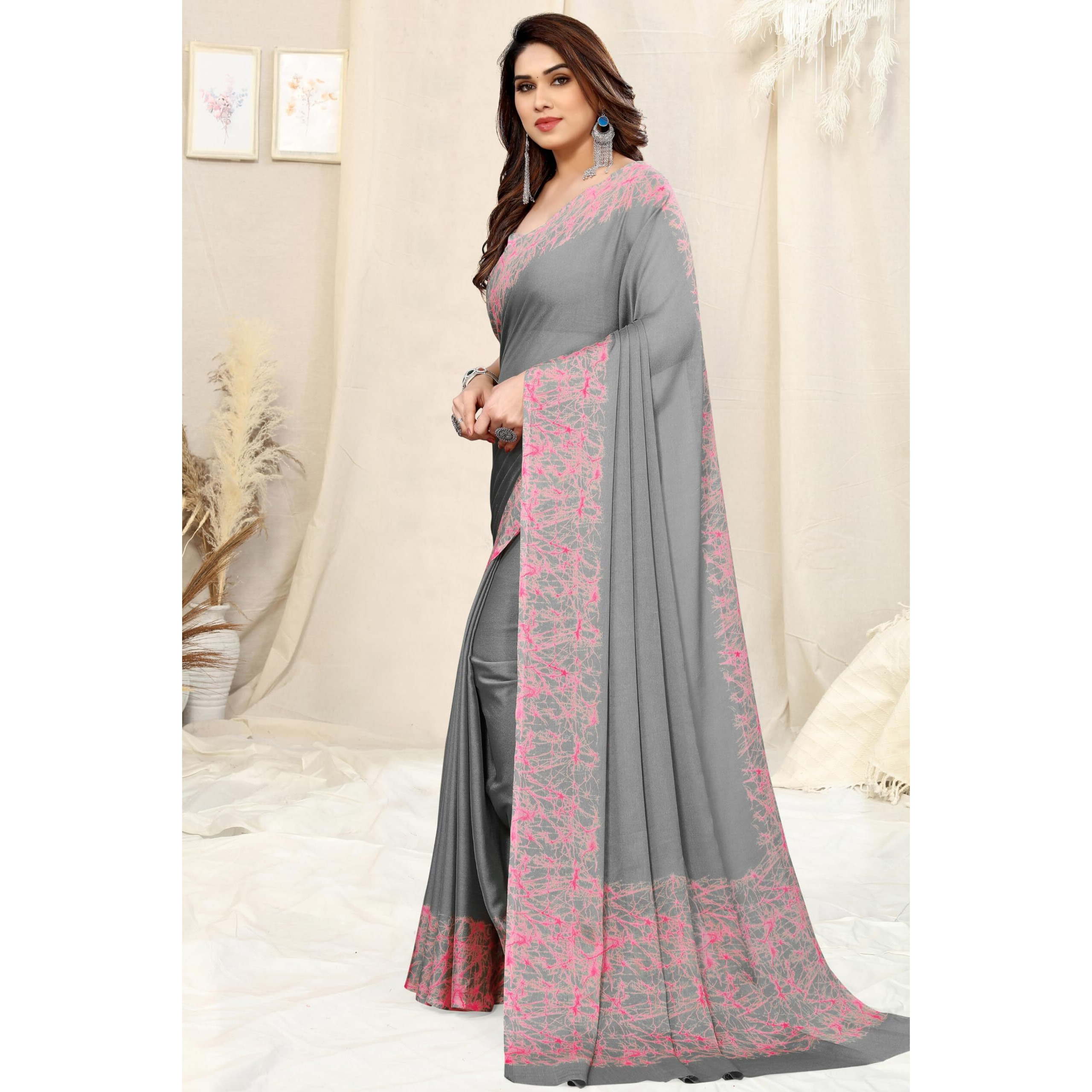 MIRCHI FASHION Womens Chiffon Abstract Printed Saree with Blouse Piece (40824-Grey)