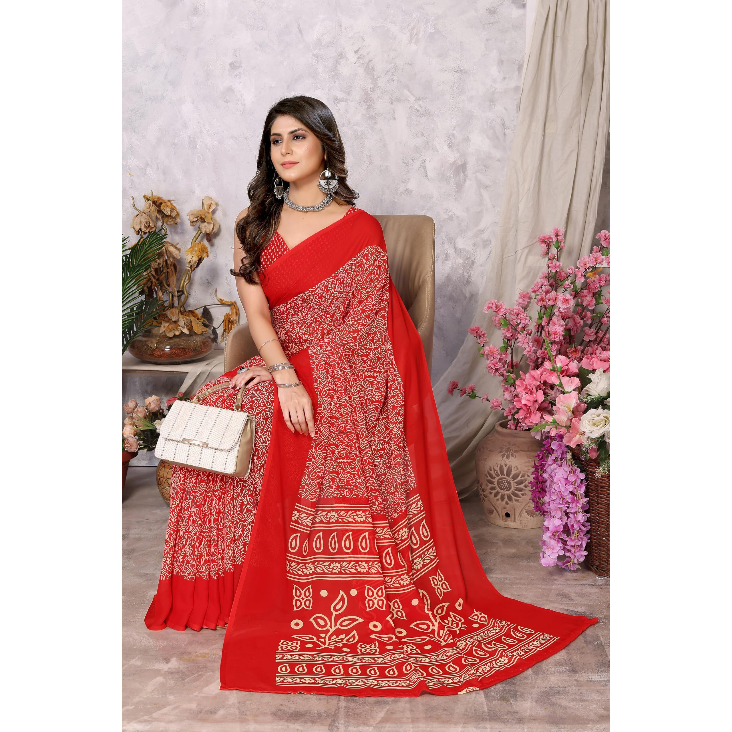 Yashika Womens Trendy Printed Georgette Red Color Saree with Blouse Material(AZ-YS-P1-USHA RED)