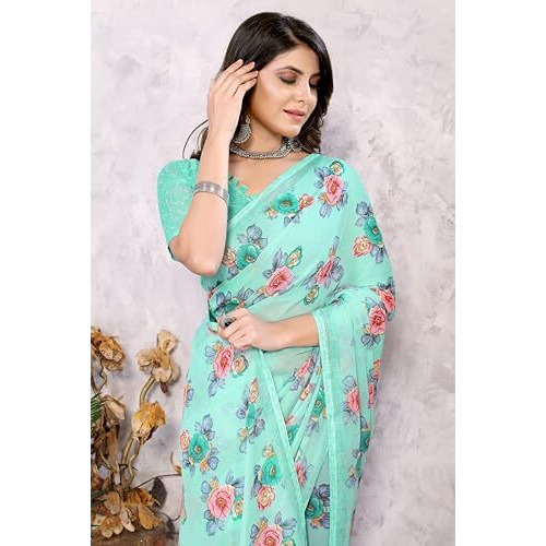 Yashika Womens Trendy Printed Georgette Green Color Saree with Blouse Material(AZ-YS-P1-BHARATI GREEN)