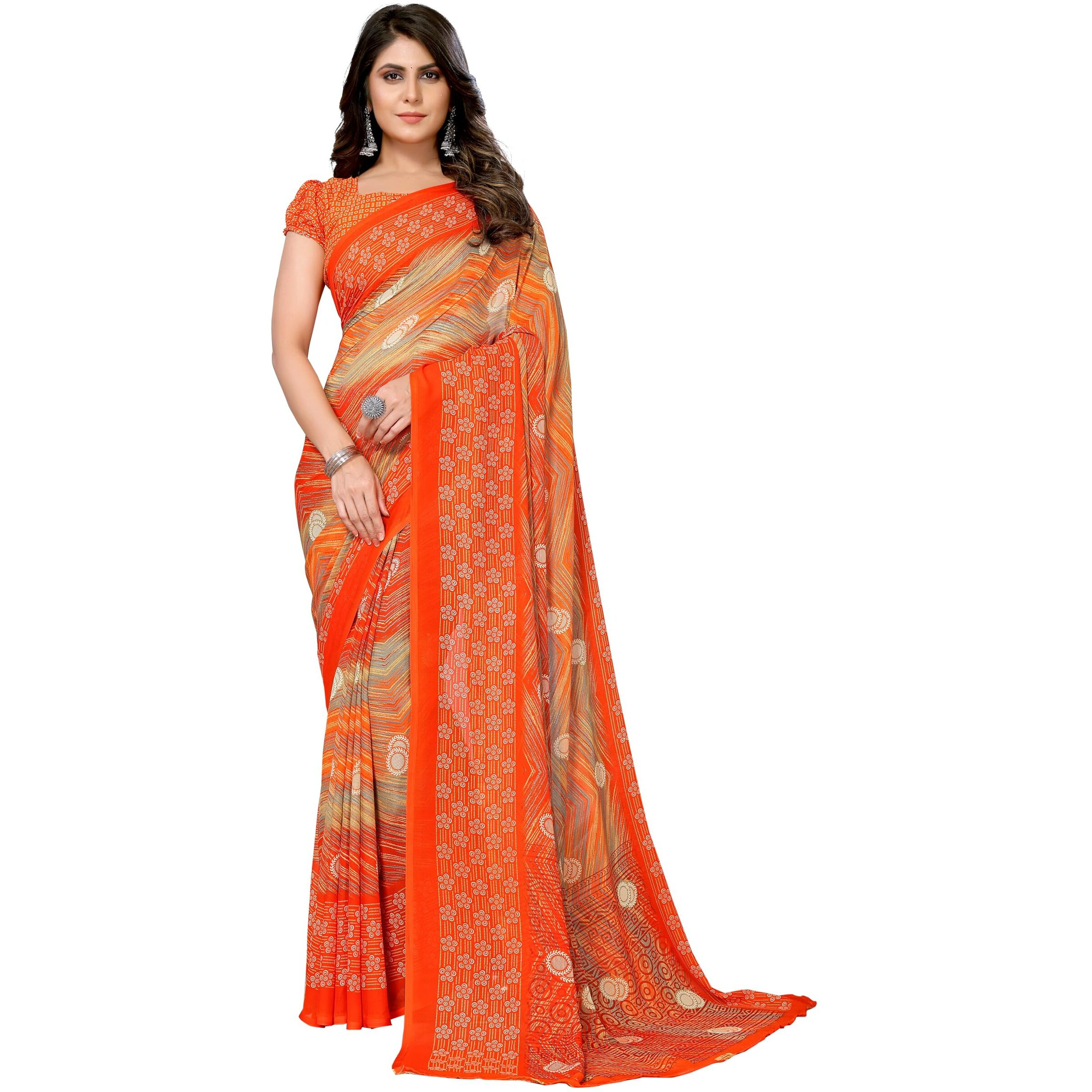 Yashika Womens Trendy Printed Georgette Orange Color Saree with Blouse Material(AZ-YS-P1-MANARA ORANGE)