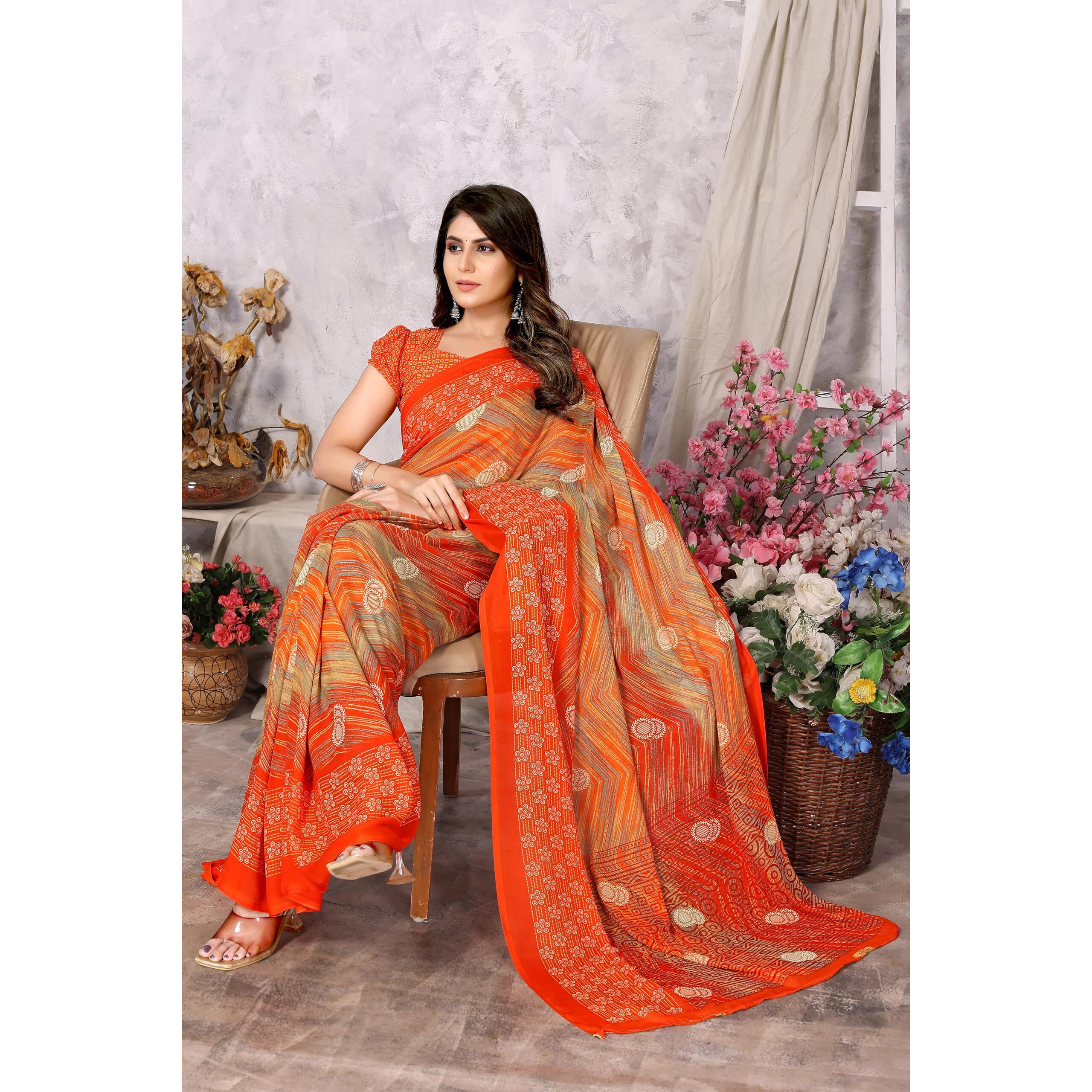 Yashika Womens Trendy Printed Georgette Orange Color Saree with Blouse Material(AZ-YS-P1-MANARA ORANGE)