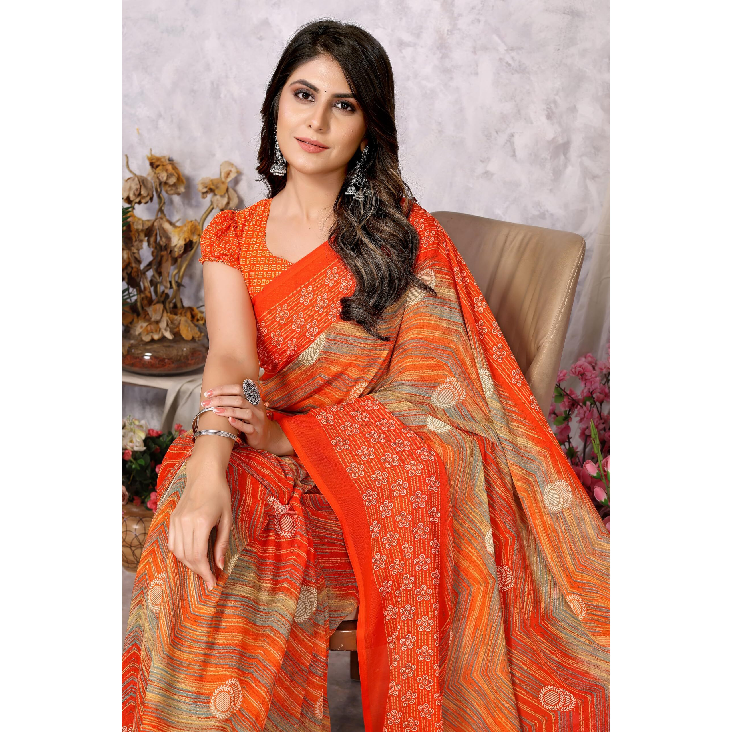 Yashika Womens Trendy Printed Georgette Orange Color Saree with Blouse Material(AZ-YS-P1-MANARA ORANGE)