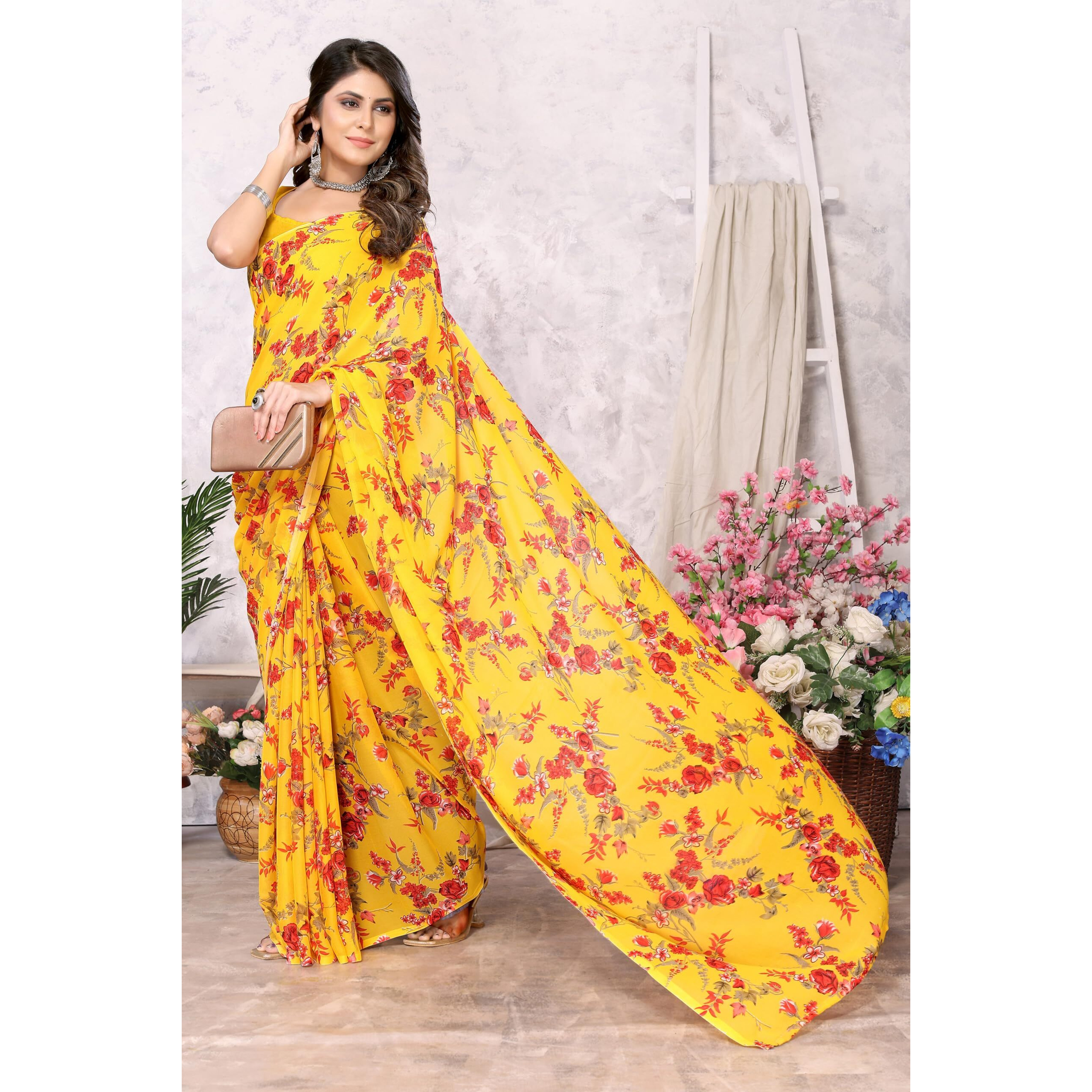 Yashika Womens Trendy Printed Georgette Yellow Color Saree with Blouse Material(AZ-YS-P1-KHUSHALI YELLOW)