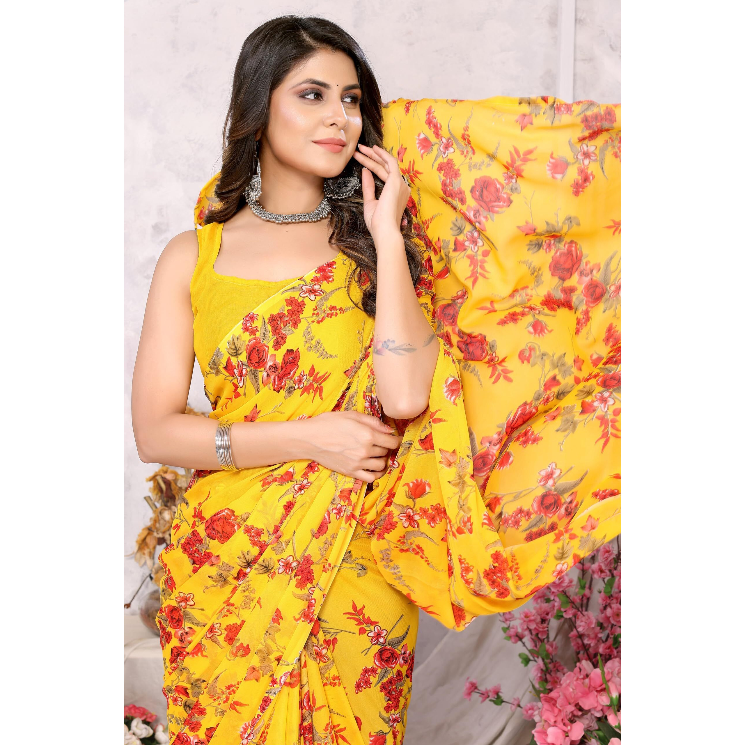 Yashika Womens Trendy Printed Georgette Yellow Color Saree with Blouse Material(AZ-YS-P1-KHUSHALI YELLOW)
