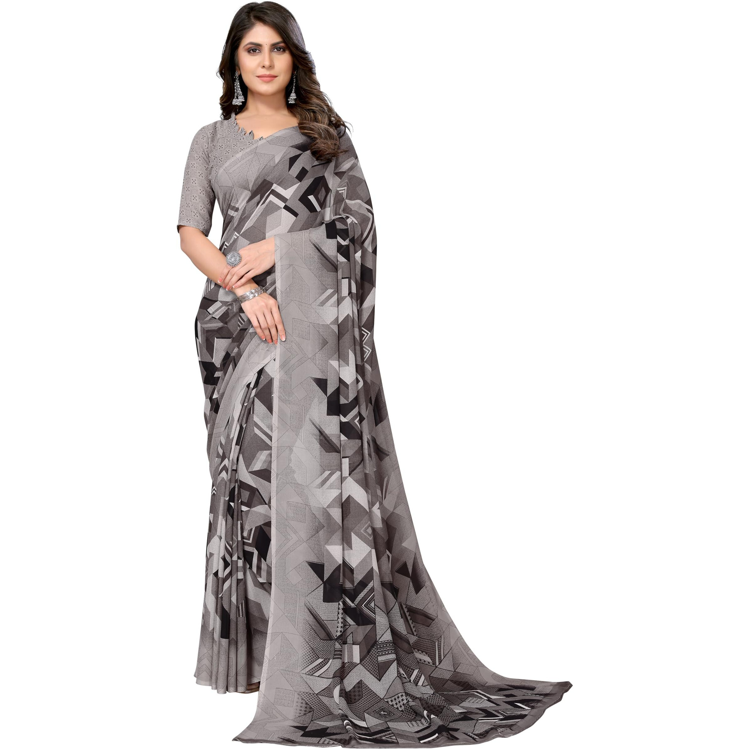 Yashika Womens Trendy Printed Georgette Grey Color Saree with Blouse Material(AZ-YS-P1-SANIYA GREY)