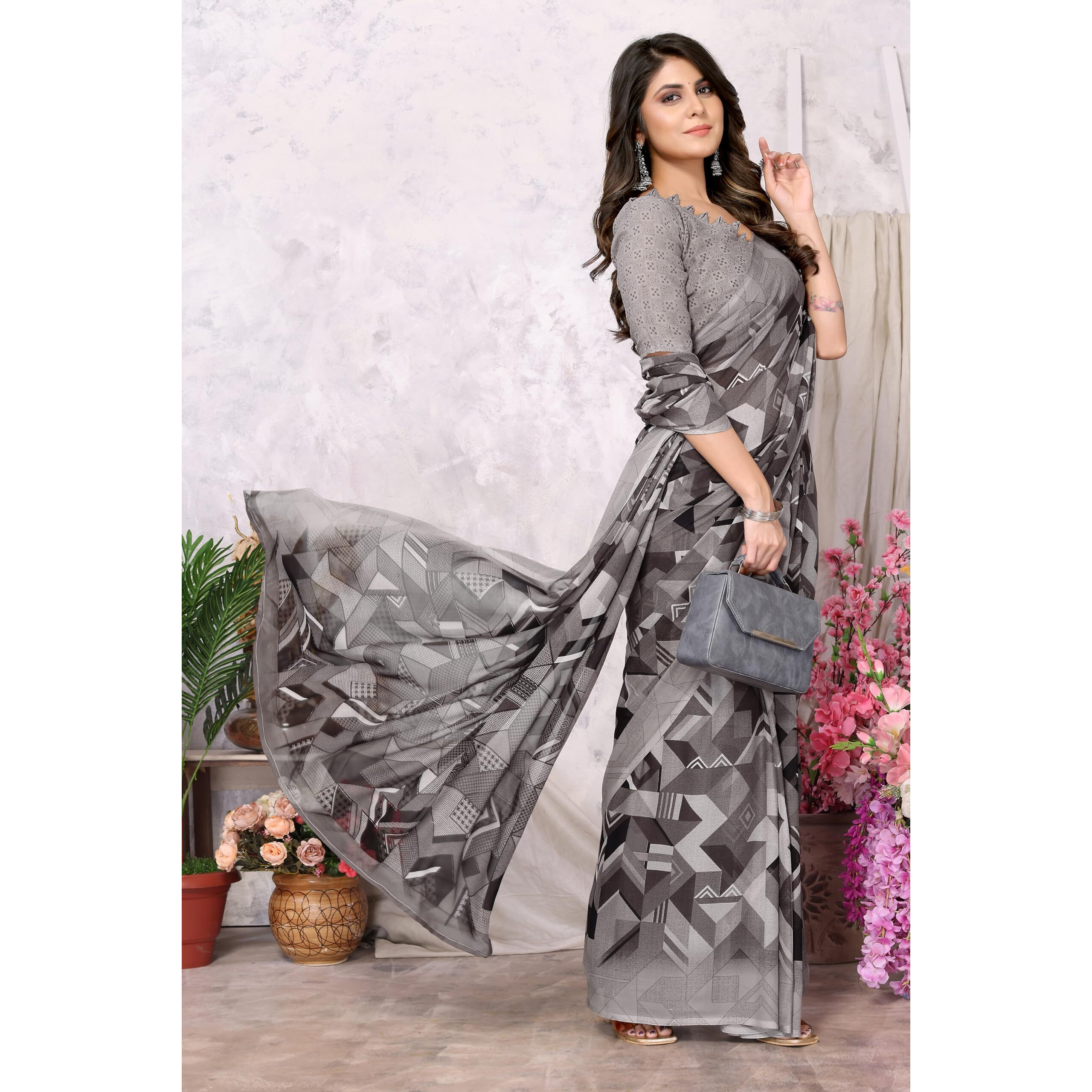 Yashika Womens Trendy Printed Georgette Grey Color Saree with Blouse Material(AZ-YS-P1-SANIYA GREY)
