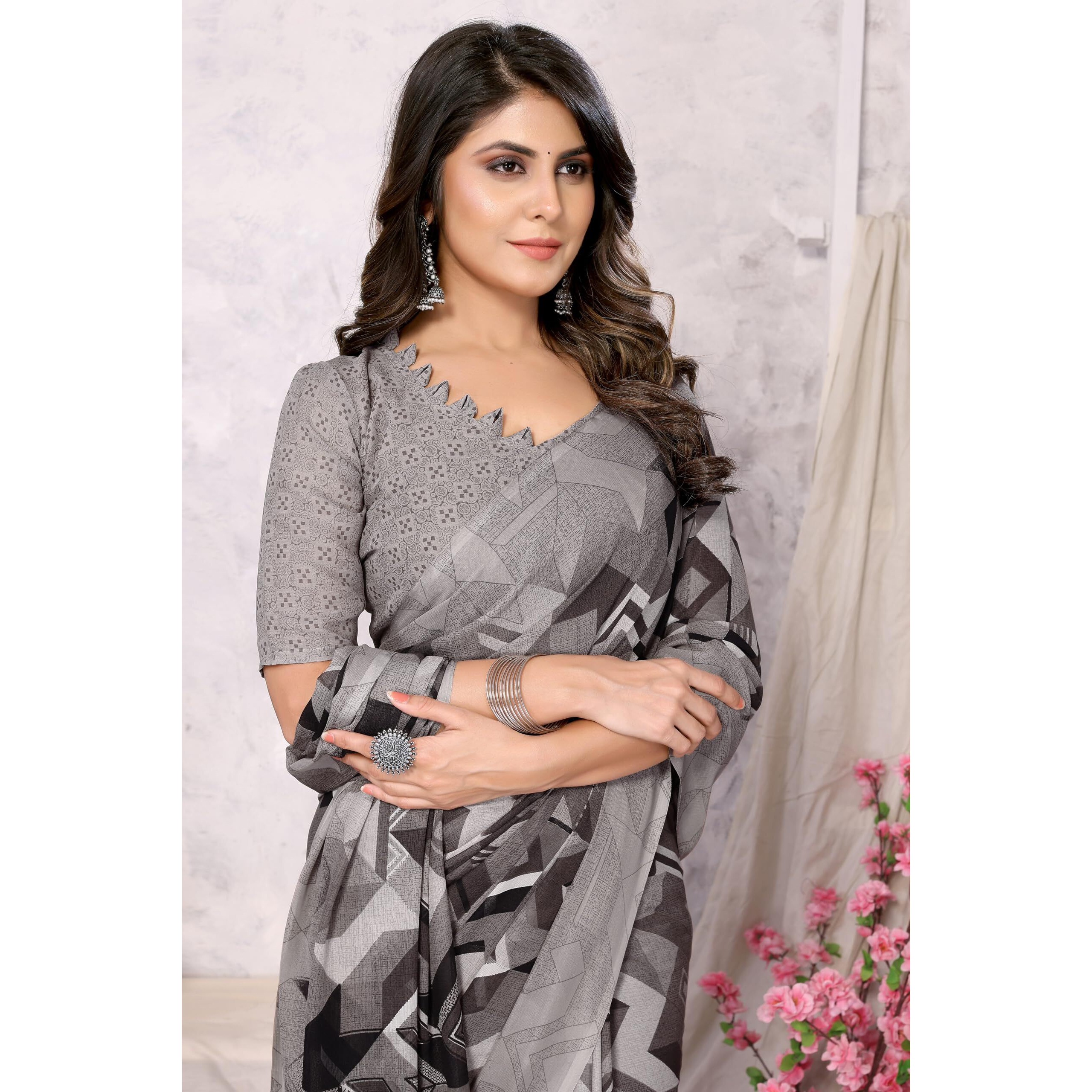 Yashika Womens Trendy Printed Georgette Grey Color Saree with Blouse Material(AZ-YS-P1-SANIYA GREY)