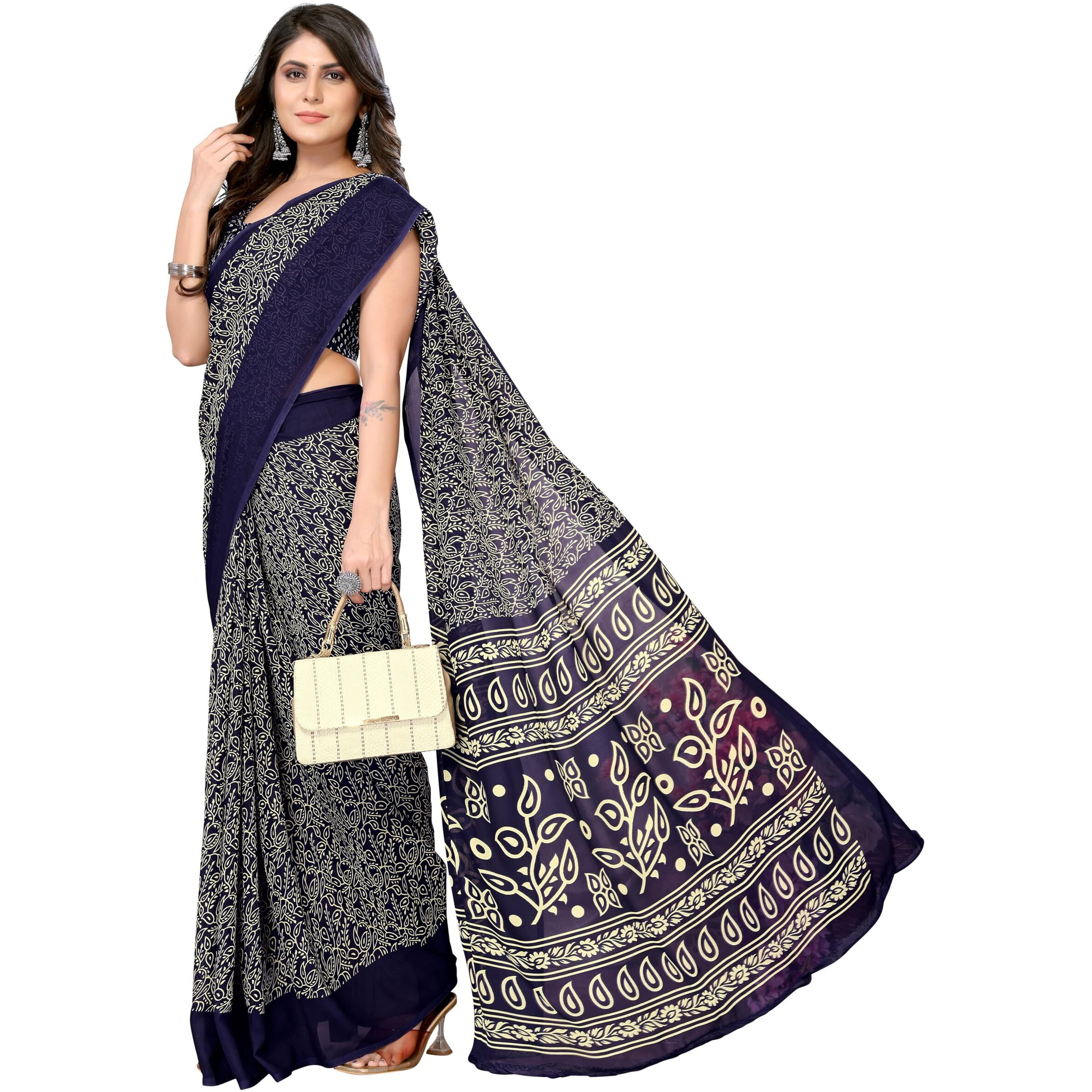 Yashika Womens Trendy Printed Georgette Navy Color Saree with Blouse Material(AZ-YS-P1-USHA NAVY)