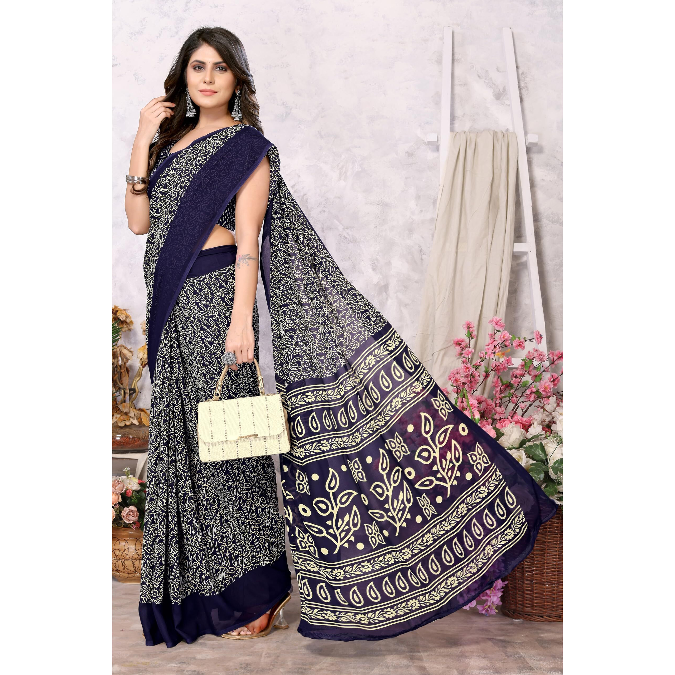 Yashika Womens Trendy Printed Georgette Navy Color Saree with Blouse Material(AZ-YS-P1-USHA NAVY)