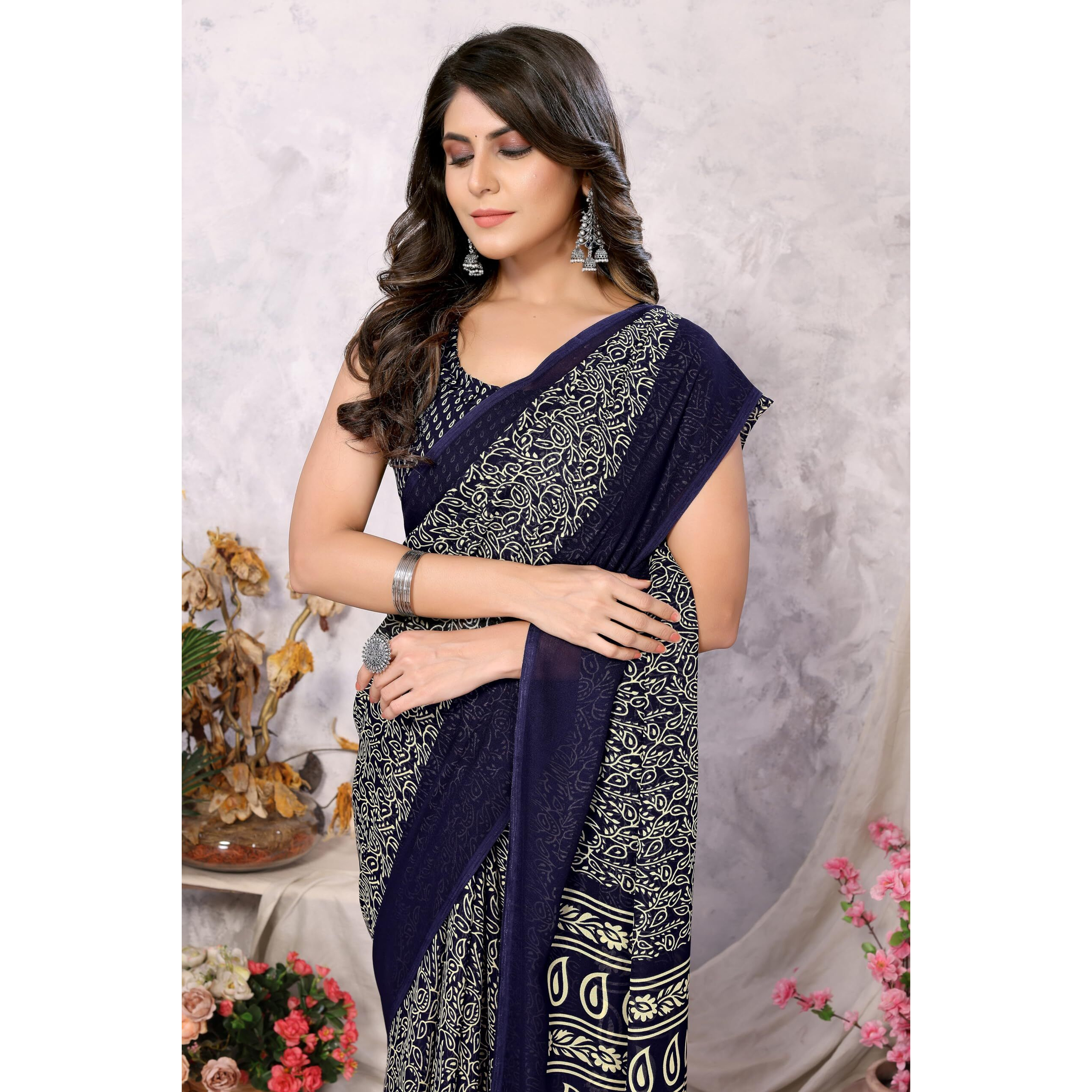 Yashika Womens Trendy Printed Georgette Navy Color Saree with Blouse Material(AZ-YS-P1-USHA NAVY)